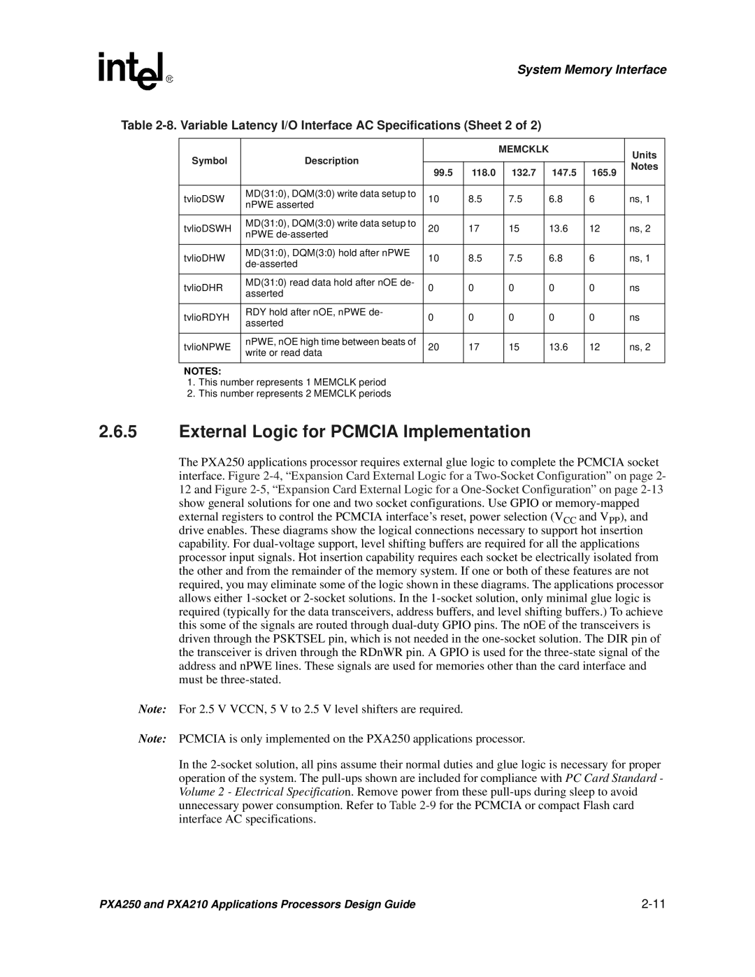 Intel PXA250 and PXA210 External Logic for Pcmcia Implementation, Variable Latency I/O Interface AC Specifications Sheet 2 