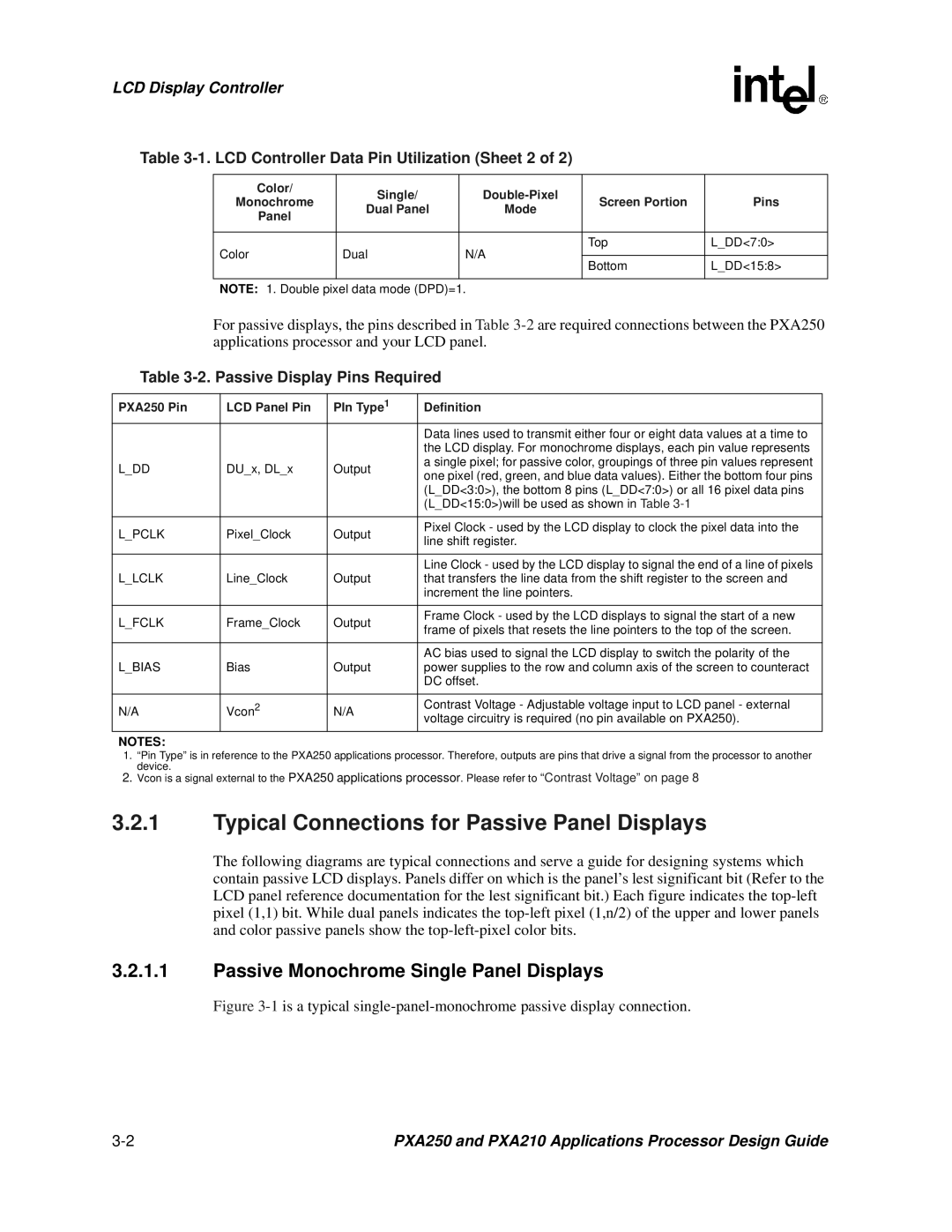 Intel PXA250 and PXA210 manual Typical Connections for Passive Panel Displays, LCD Controller Data Pin Utilization Sheet 2 