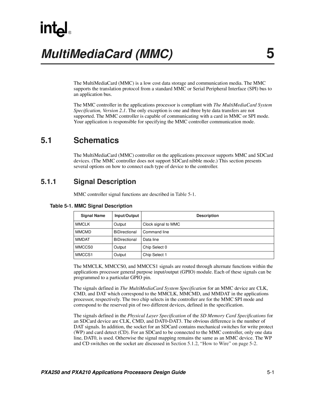 Intel PXA250 and PXA210 MultiMediaCard MMC, Schematics, MMC Signal Description, Signal Name Input/Output Description 