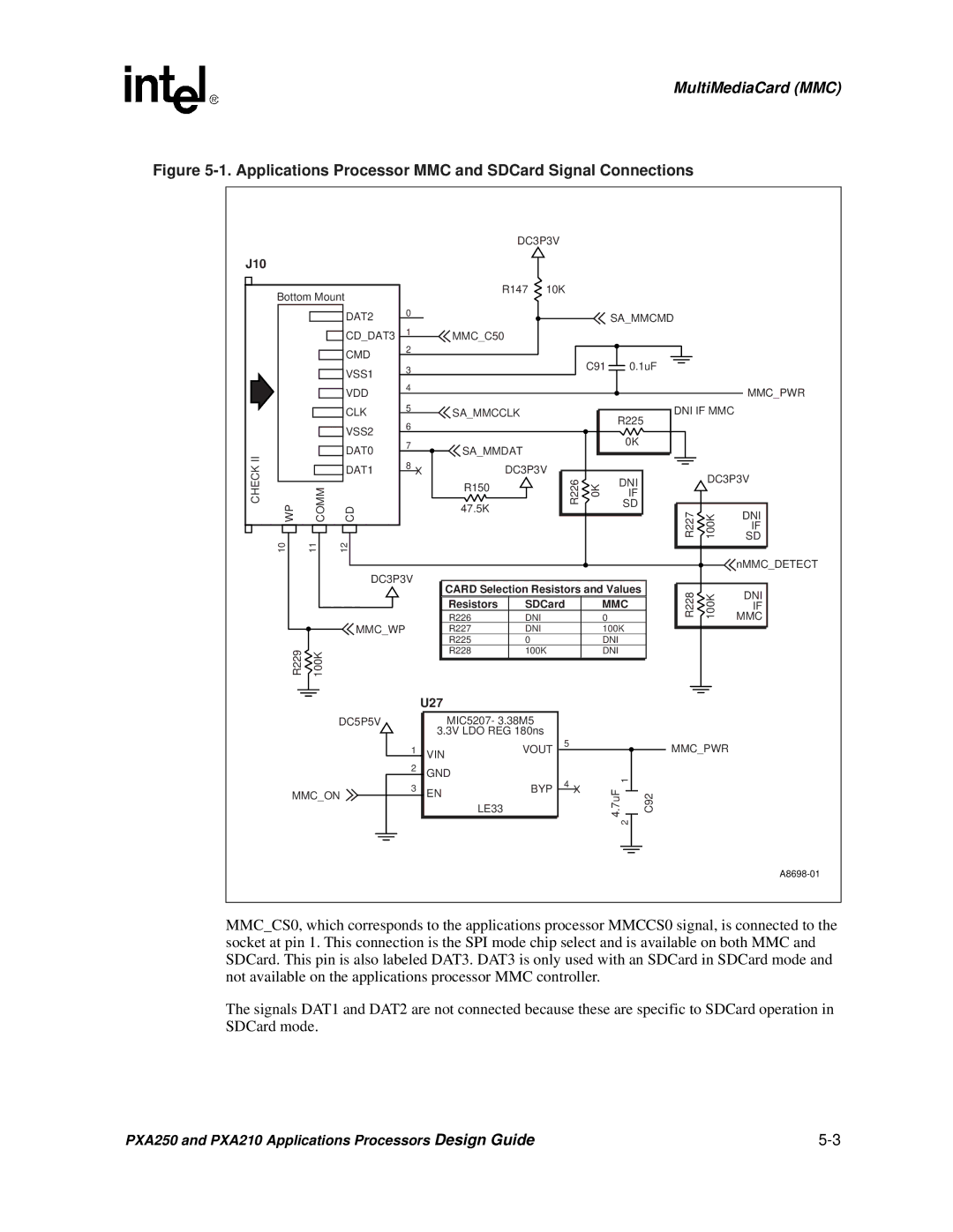 Intel PXA250 and PXA210 manual Applications Processor MMC and SDCard Signal Connections 