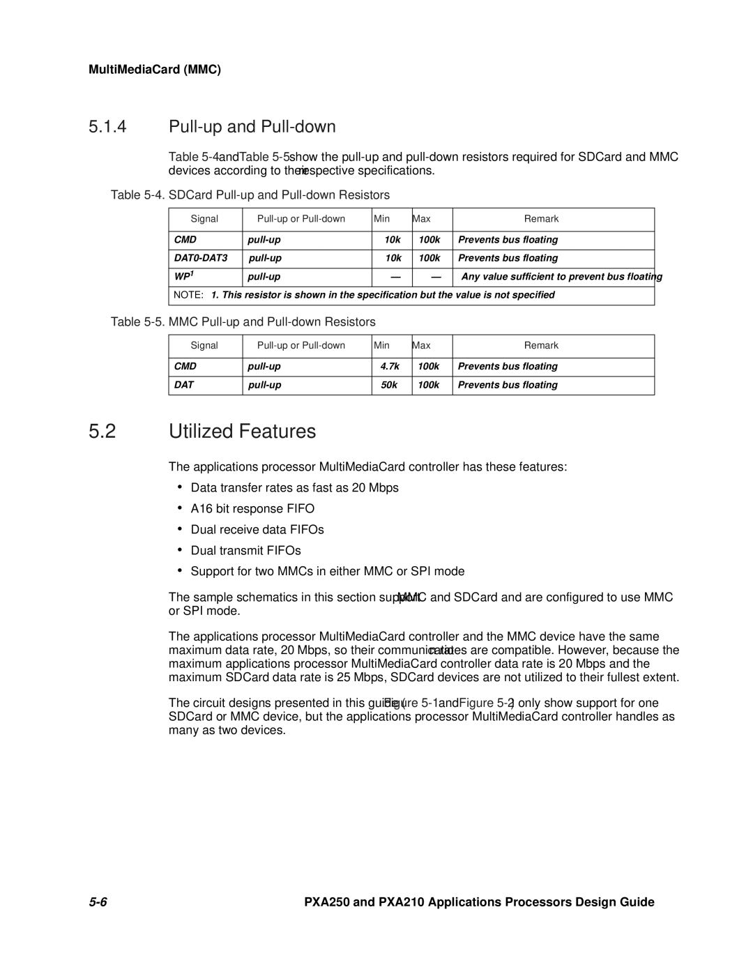 Intel PXA250 and PXA210 Utilized Features, SDCard Pull-up and Pull-down Resistors, MMC Pull-up and Pull-down Resistors 