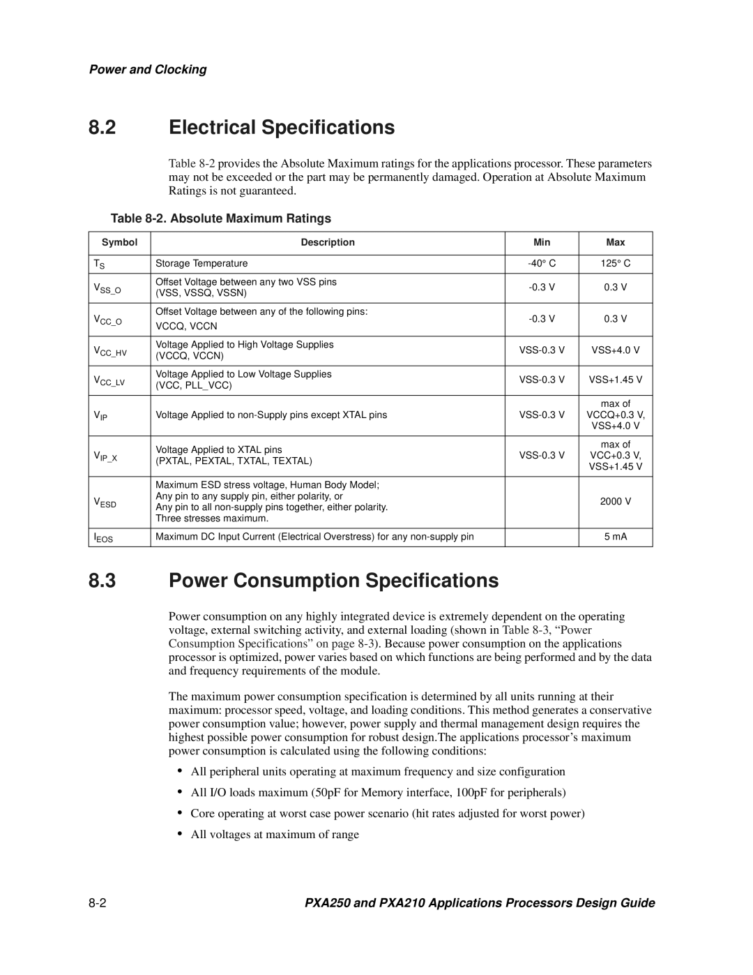 Intel PXA250 and PXA210 manual Electrical Specifications, Power Consumption Specifications, Absolute Maximum Ratings 