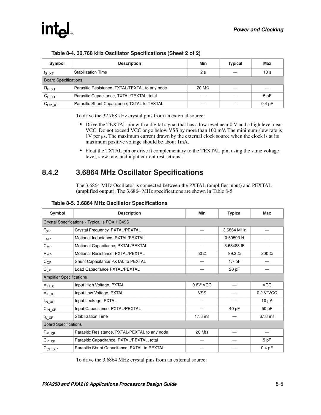 Intel PXA250 and PXA210 manual 2 3.6864 MHz Oscillator Specifications, kHz Oscillator Specifications Sheet 2 