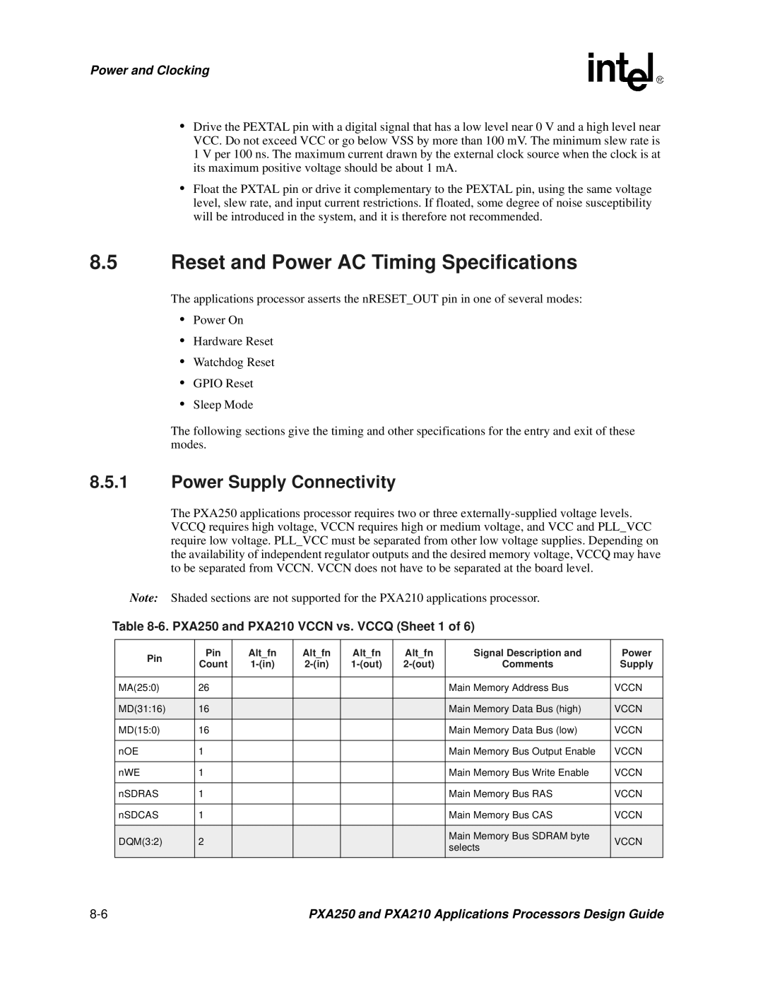 Intel PXA250 and PXA210 manual Reset and Power AC Timing Specifications, Power Supply Connectivity 