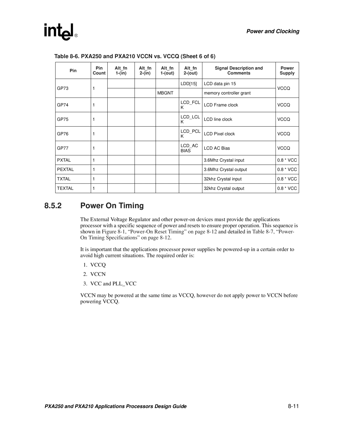 Intel manual Power On Timing, PXA250 and PXA210 Vccn vs. Vccq Sheet 6 