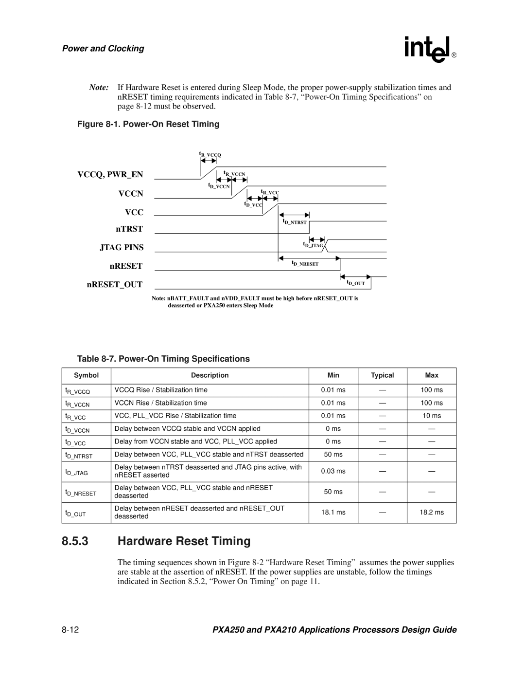 Intel PXA250 and PXA210 manual Hardware Reset Timing, Power-On Timing Specifications 