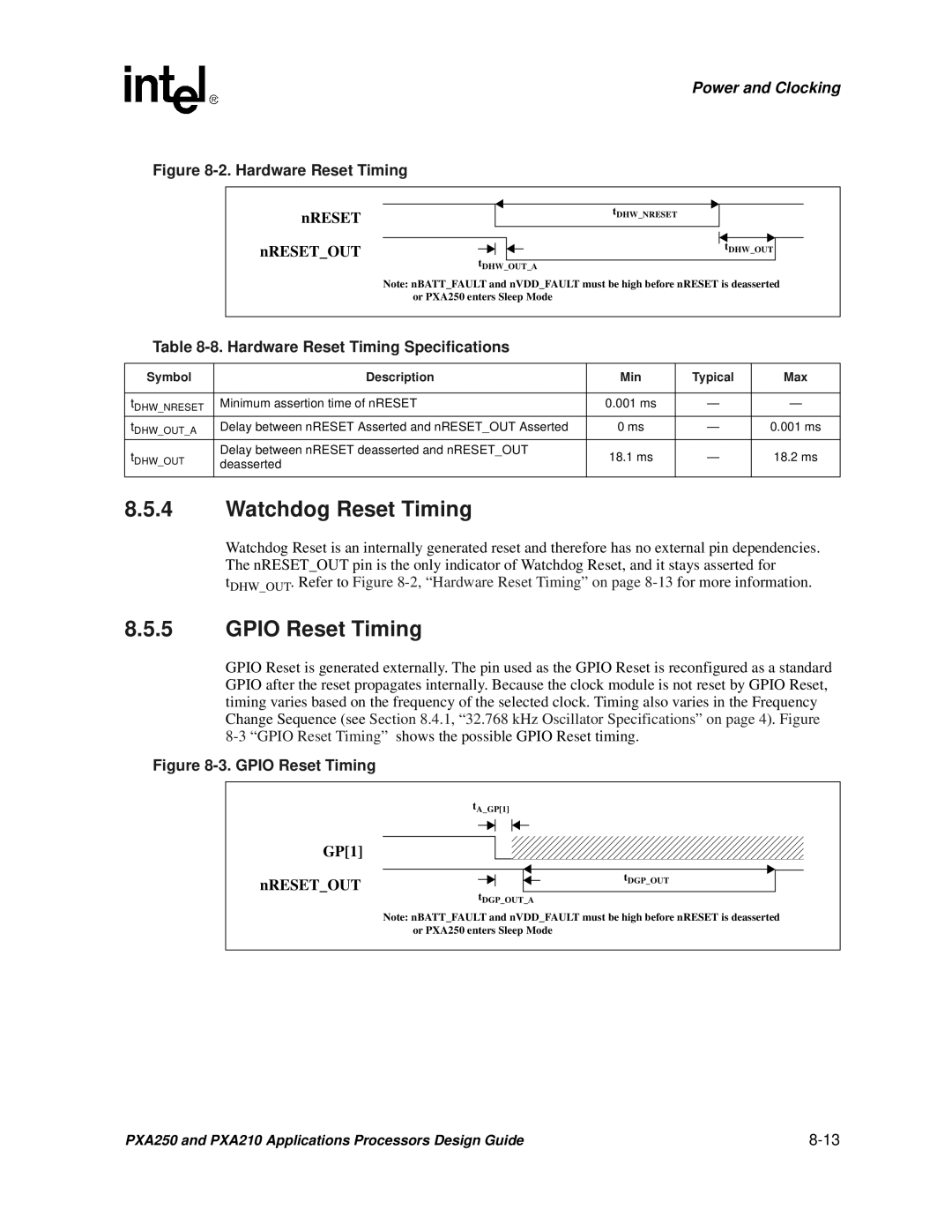 Intel PXA250 and PXA210 Watchdog Reset Timing, Gpio Reset Timing, Hardware Reset Timing Specifications, Symbol Description 