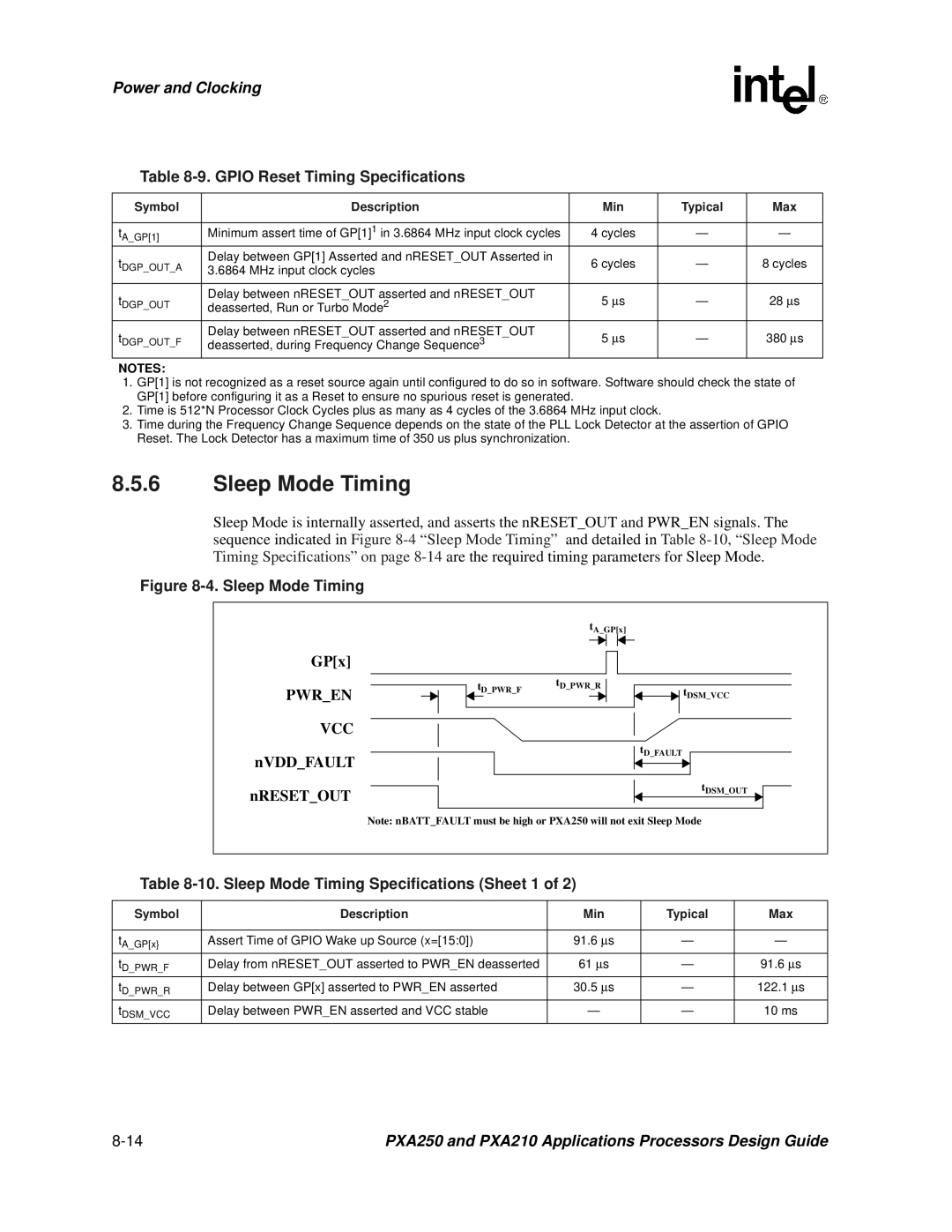 Intel PXA250 and PXA210 manual Gpio Reset Timing Specifications, Sleep Mode Timing Specifications Sheet 1 