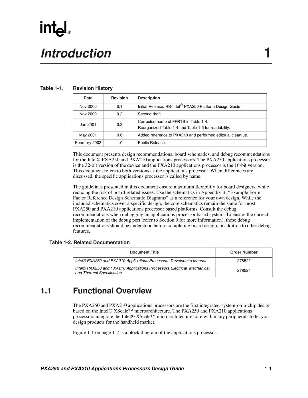 Intel PXA250 and PXA210 manual Introduction, Functional Overview, Revision History, Related Documentation 