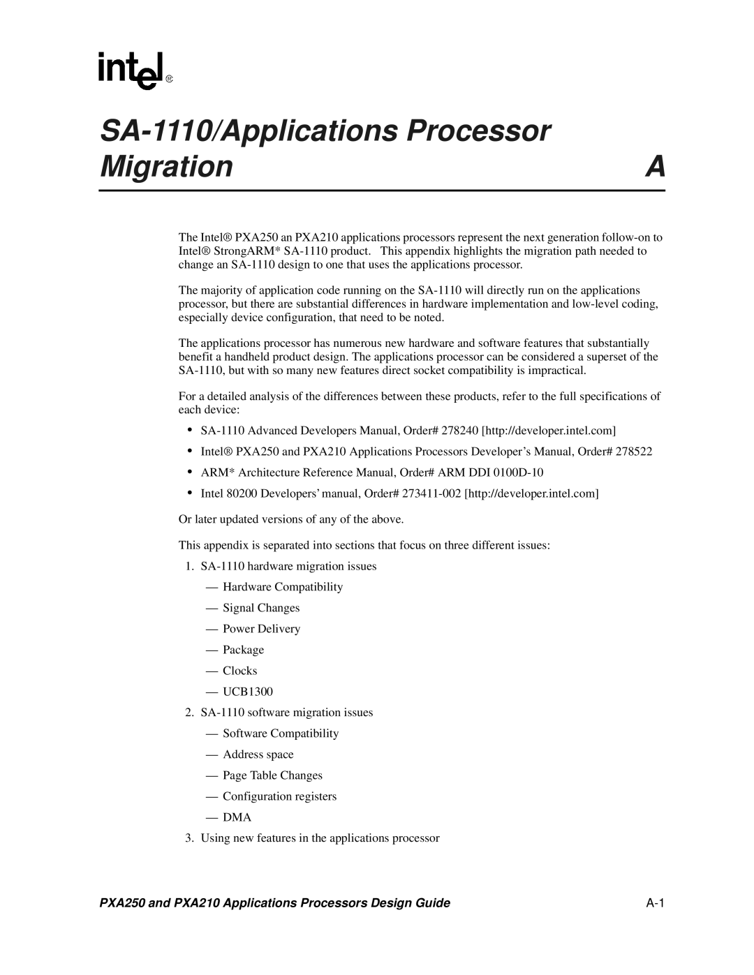 Intel PXA250 and PXA210 manual SA-1110/Applications Processor Migration 