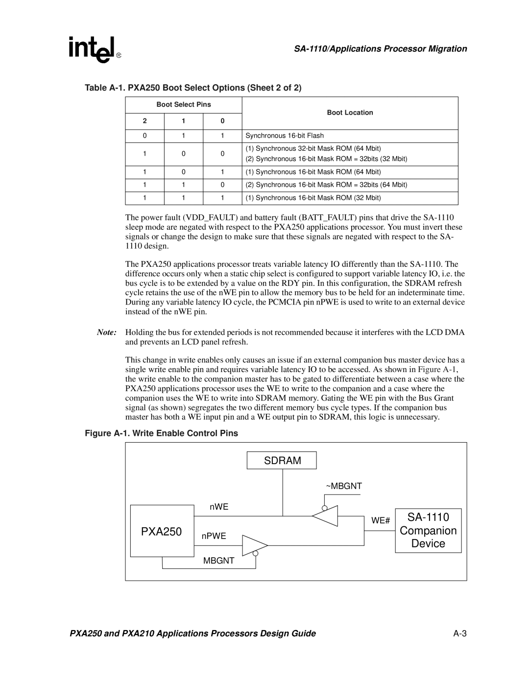 Intel PXA250 and PXA210 manual Table A-1. PXA250 Boot Select Options Sheet 2, Figure A-1. Write Enable Control Pins 