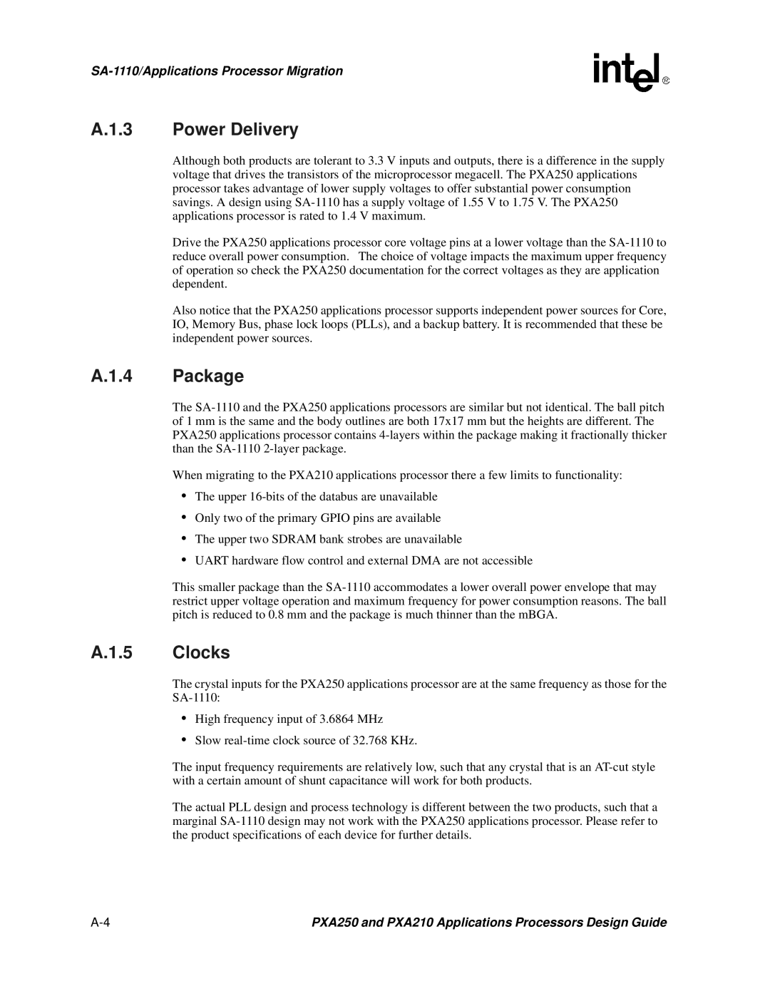 Intel PXA250 and PXA210 manual Power Delivery, Package, Clocks 