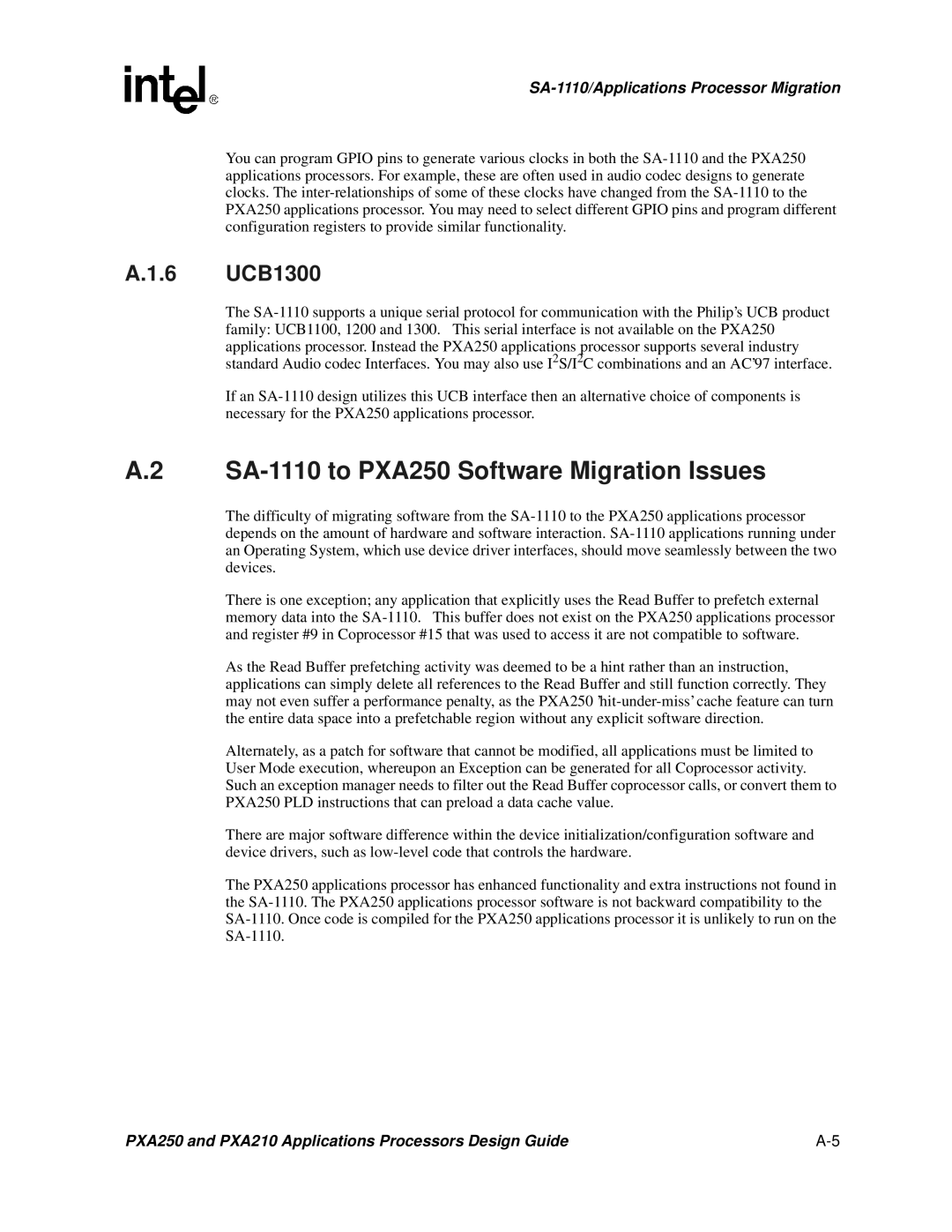 Intel PXA250 and PXA210 manual SA-1110 to PXA250 Software Migration Issues, 6 UCB1300 