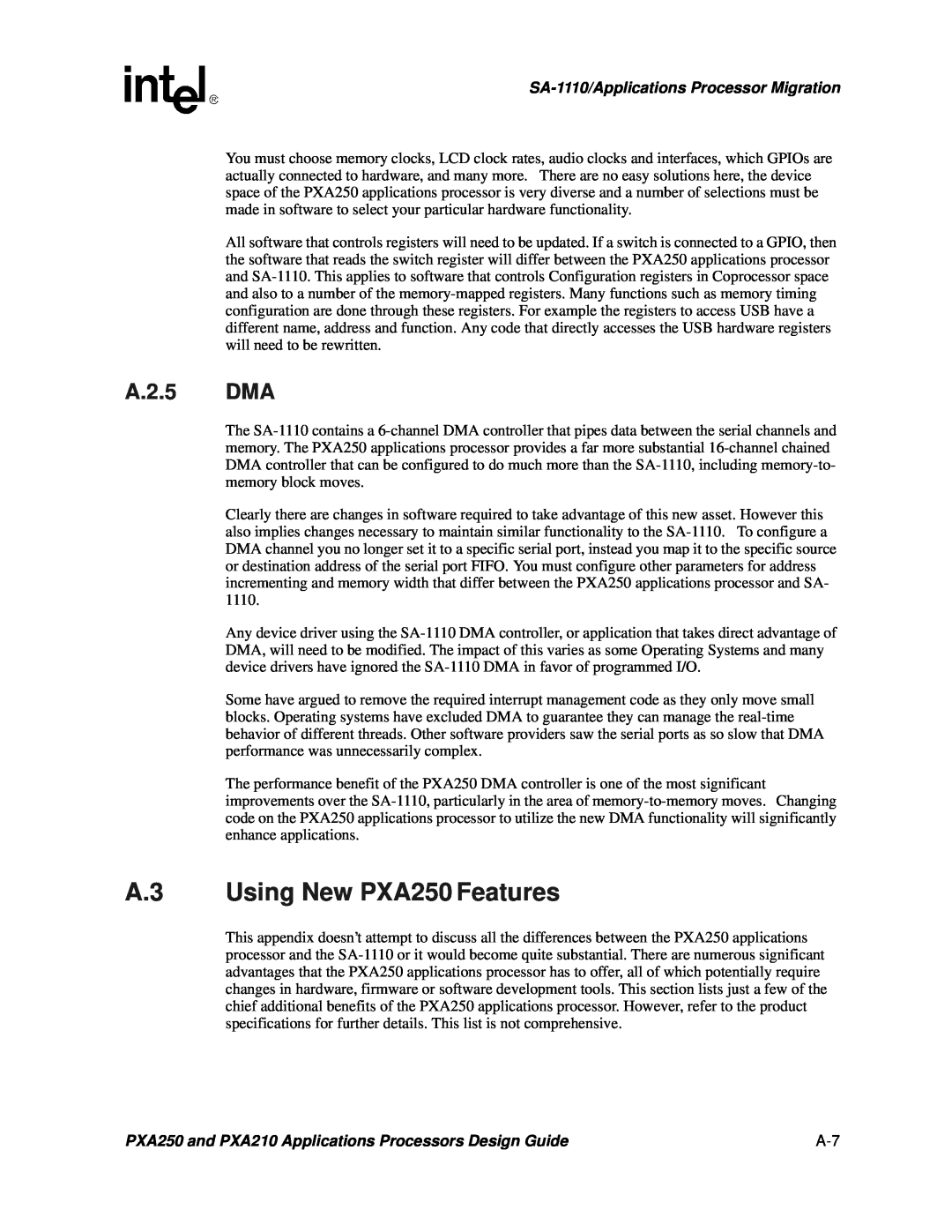 Intel PXA250 and PXA210 manual A.3 Using New PXA250 Features, A.2.5 DMA, SA-1110/Applications Processor Migration 