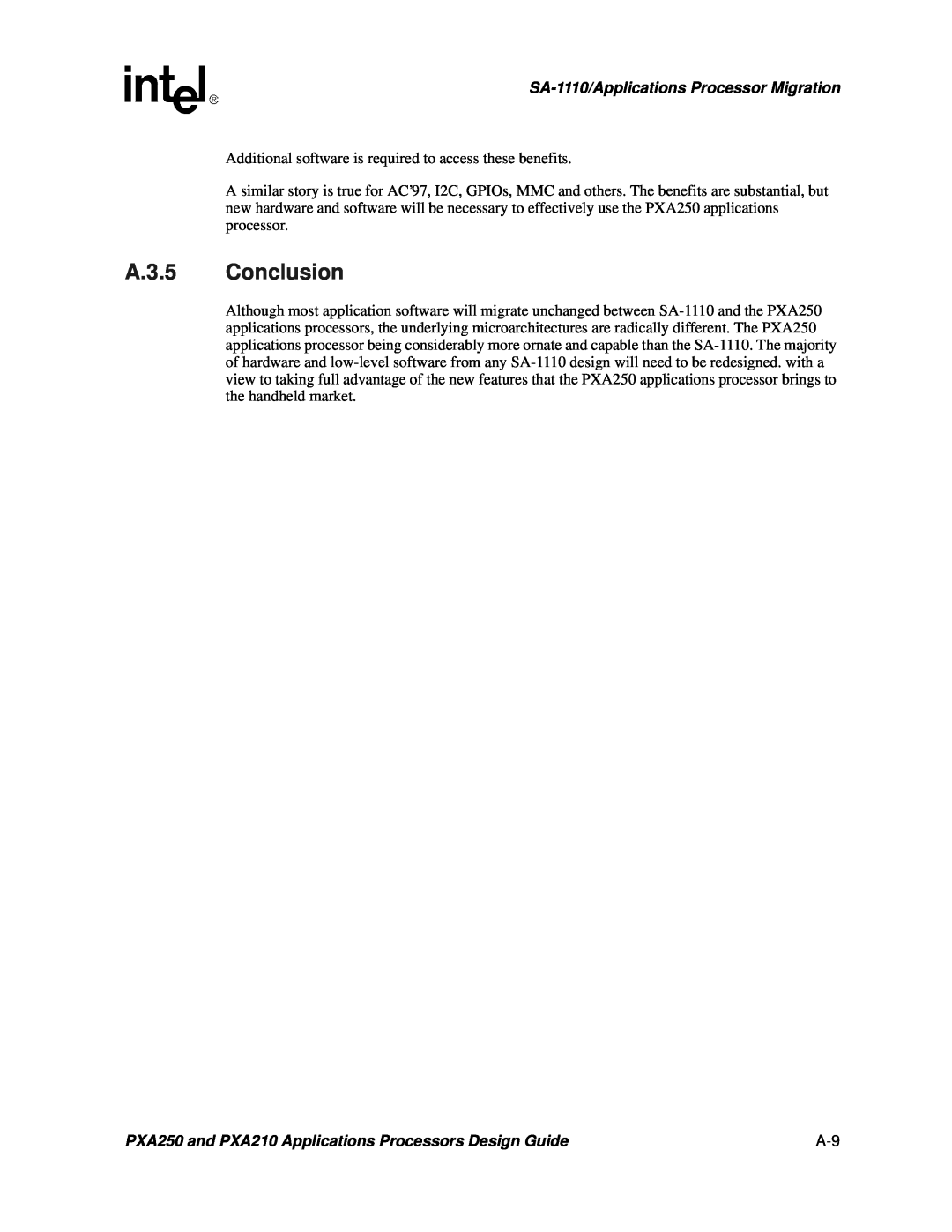 Intel PXA250 and PXA210 manual A.3.5 Conclusion, SA-1110/Applications Processor Migration 