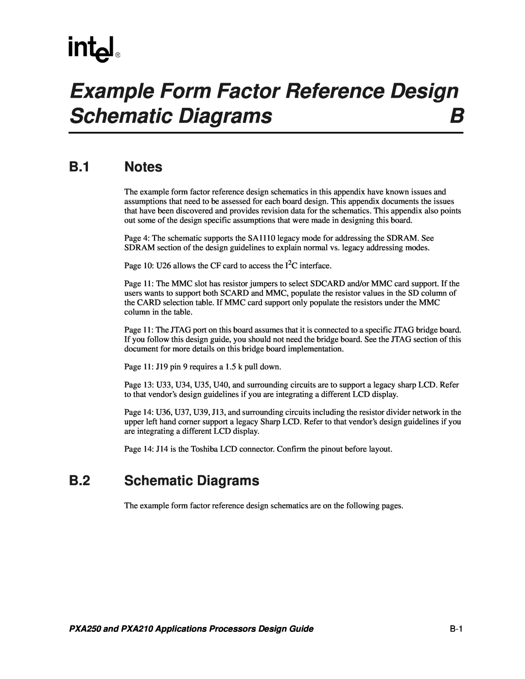 Intel PXA250 and PXA210 manual Example Form Factor Reference Design, B.1 Notes, B.2 Schematic Diagrams 