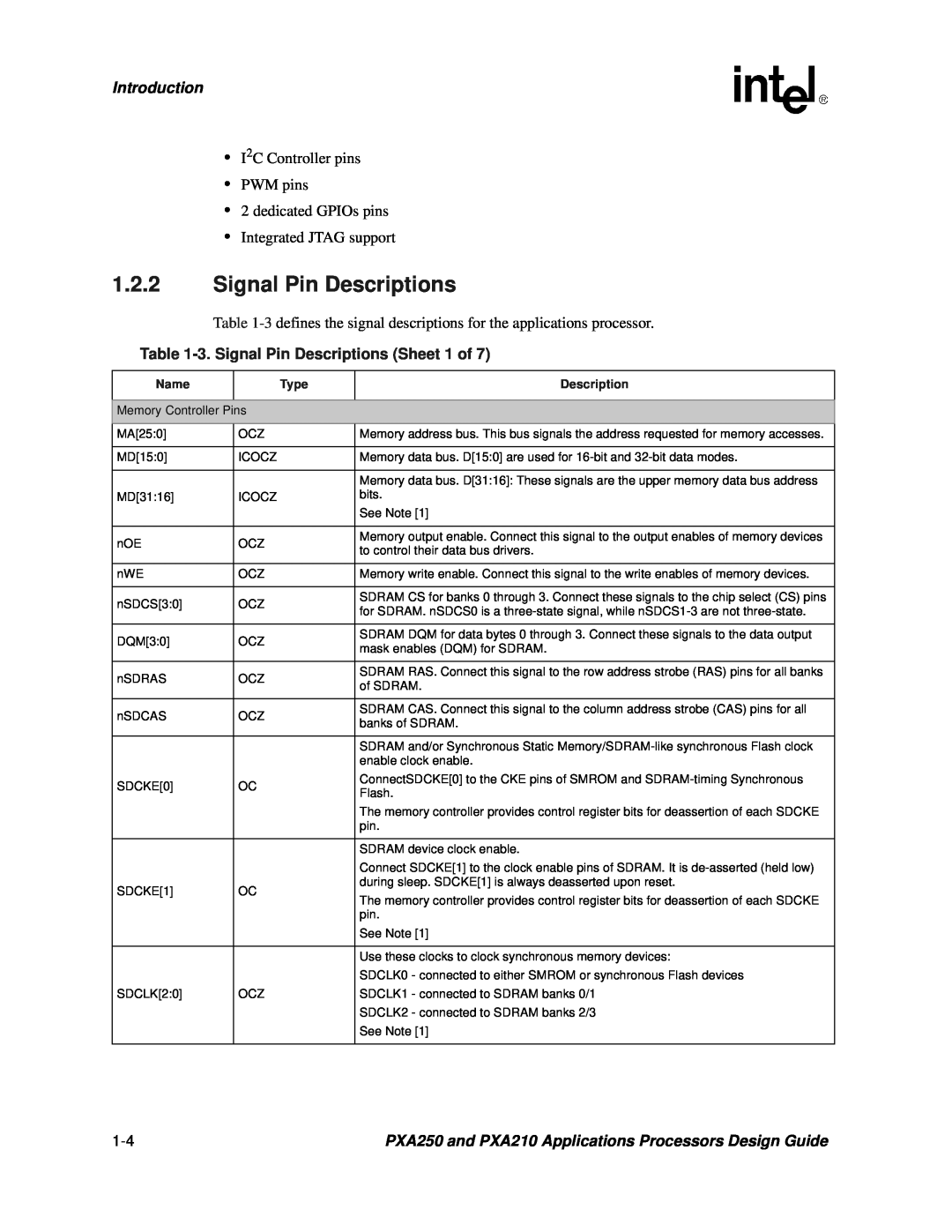 Intel PXA250 and PXA210 manual Introduction, 3. Signal Pin Descriptions Sheet 1 of 