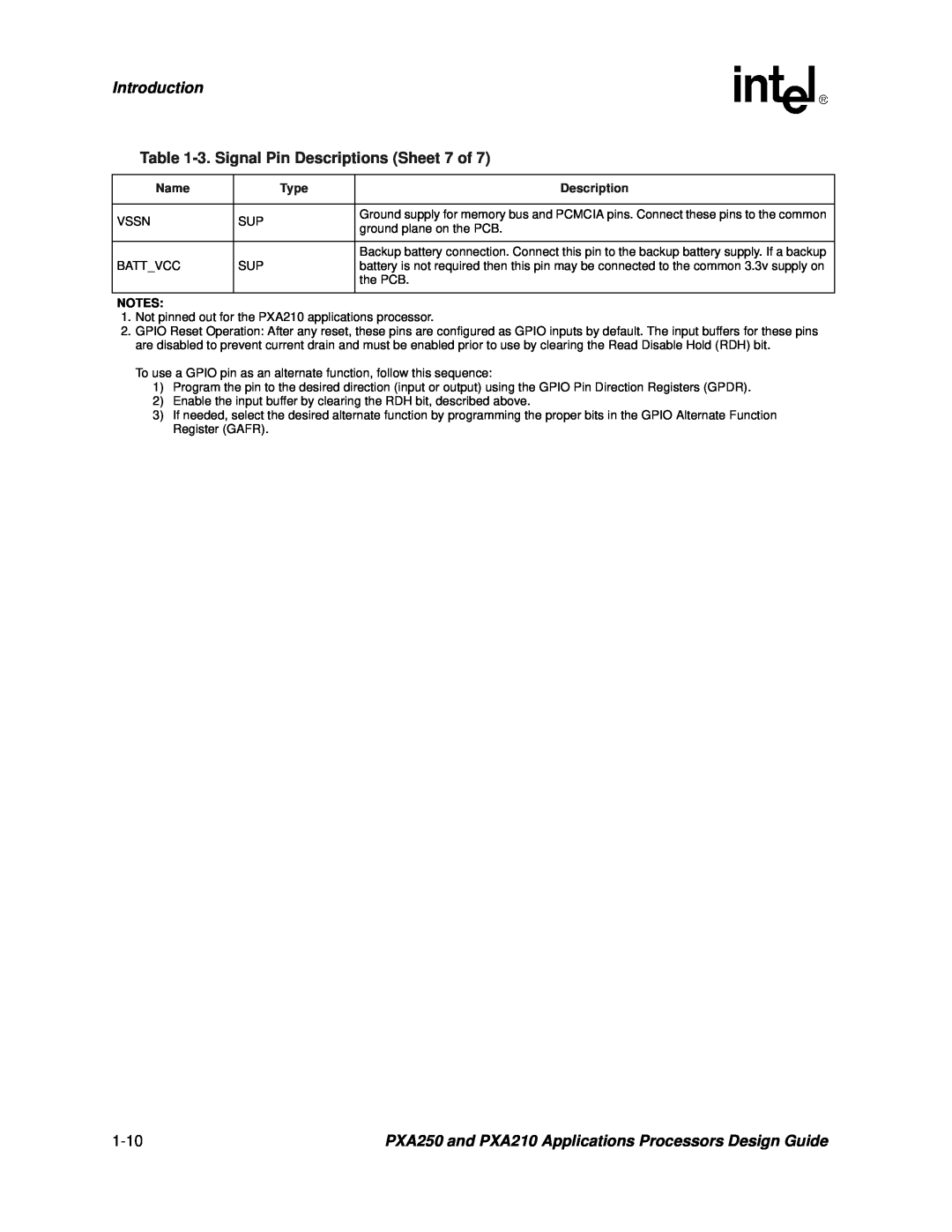 Intel PXA250 and PXA210 manual Introduction, 3. Signal Pin Descriptions Sheet 7 of 