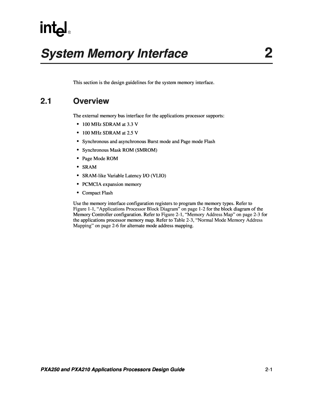 Intel manual System Memory Interface, Overview, PXA250 and PXA210 Applications Processors Design Guide 