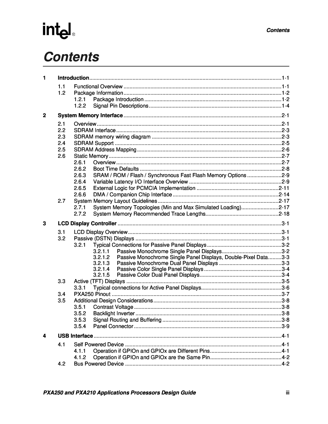 Intel manual Contents, USB Interface, PXA250 and PXA210 Applications Processors Design Guide 