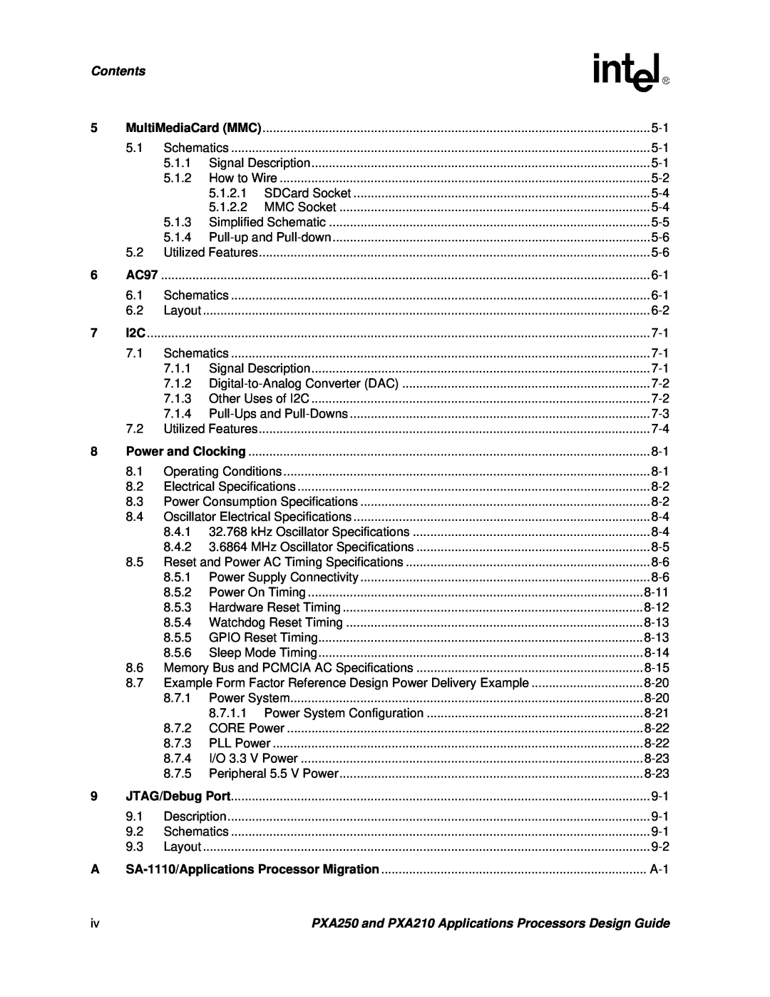 Intel manual Contents, MultiMediaCard MMC, AC97, PXA250 and PXA210 Applications Processors Design Guide 