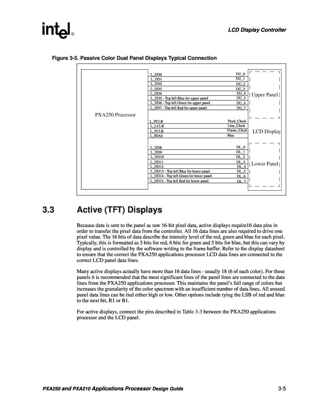 Intel manual Active TFT Displays, LCD Display Controller, PXA250 and PXA210 Applications Processor Design Guide 