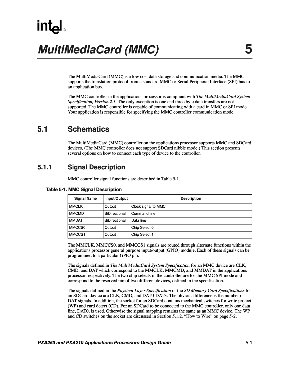 Intel PXA250 and PXA210 manual MultiMediaCard MMC, Schematics, 1. MMC Signal Description 