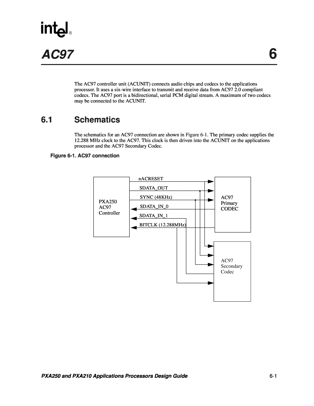 Intel manual Schematics, 1. AC97 connection, PXA250 and PXA210 Applications Processors Design Guide 