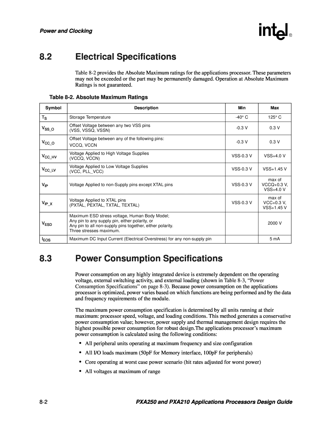 Intel PXA250 and PXA210 manual Electrical Specifications, Power Consumption Specifications, Power and Clocking 