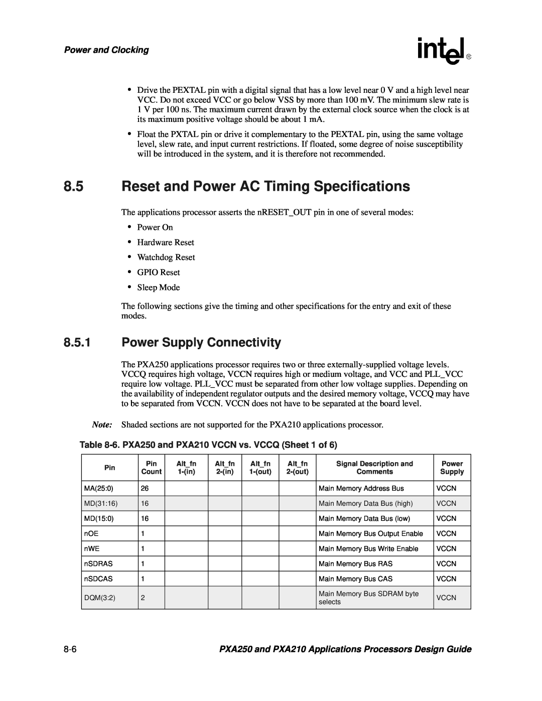 Intel PXA250 and PXA210 manual Reset and Power AC Timing Specifications, Power Supply Connectivity, Power and Clocking 