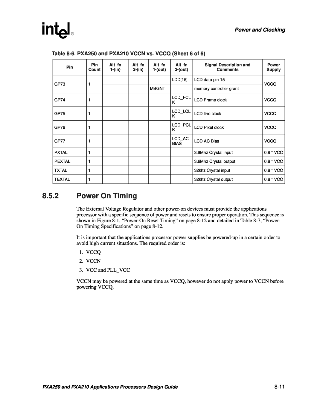 Intel manual Power On Timing, Power and Clocking, 6. PXA250 and PXA210 VCCN vs. VCCQ Sheet 6 of, 8-11 
