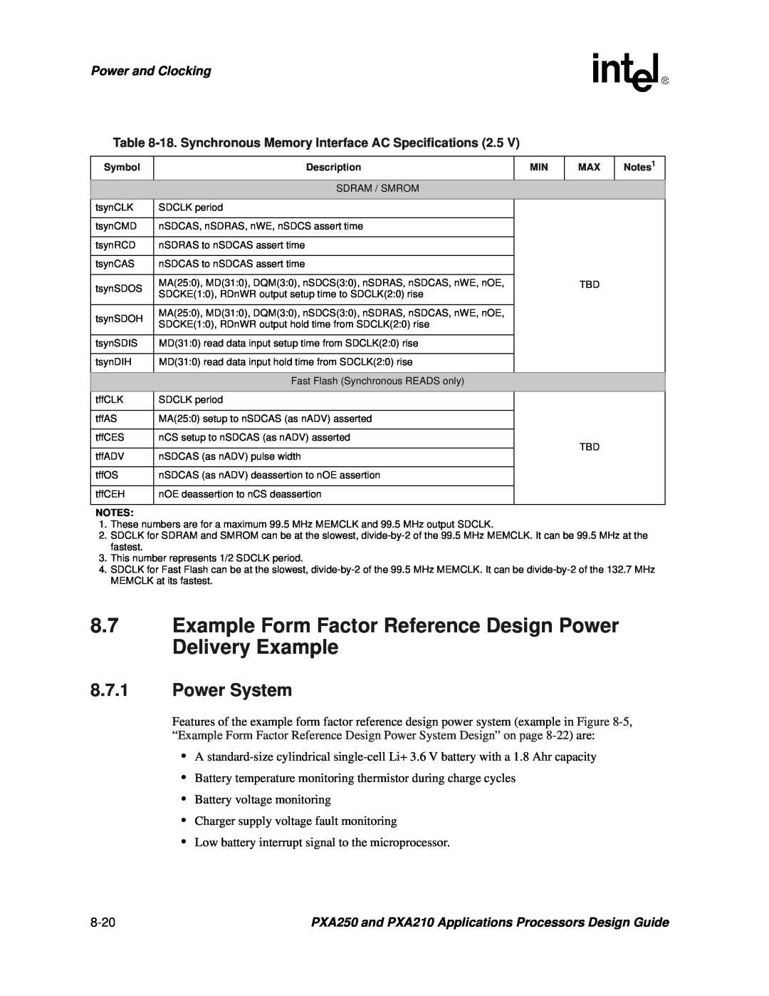 Intel PXA250 and PXA210 Example Form Factor Reference Design Power Delivery Example, Power System, Power and Clocking 