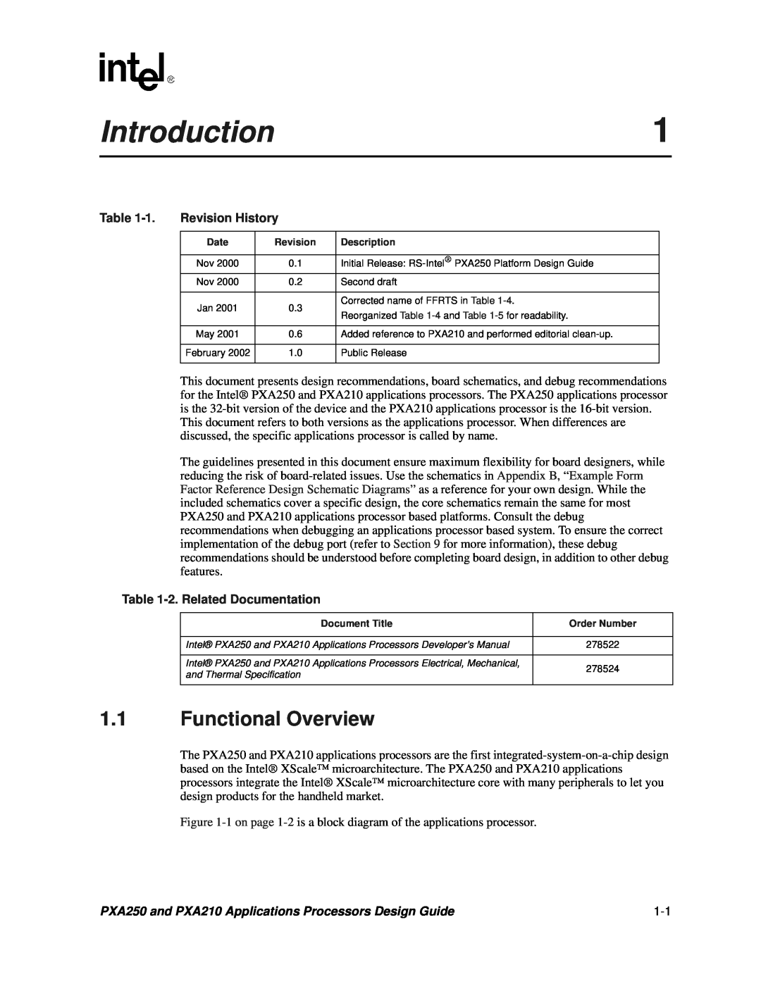Intel PXA250 and PXA210 manual Introduction, Functional Overview, Revision History, 2. Related Documentation 