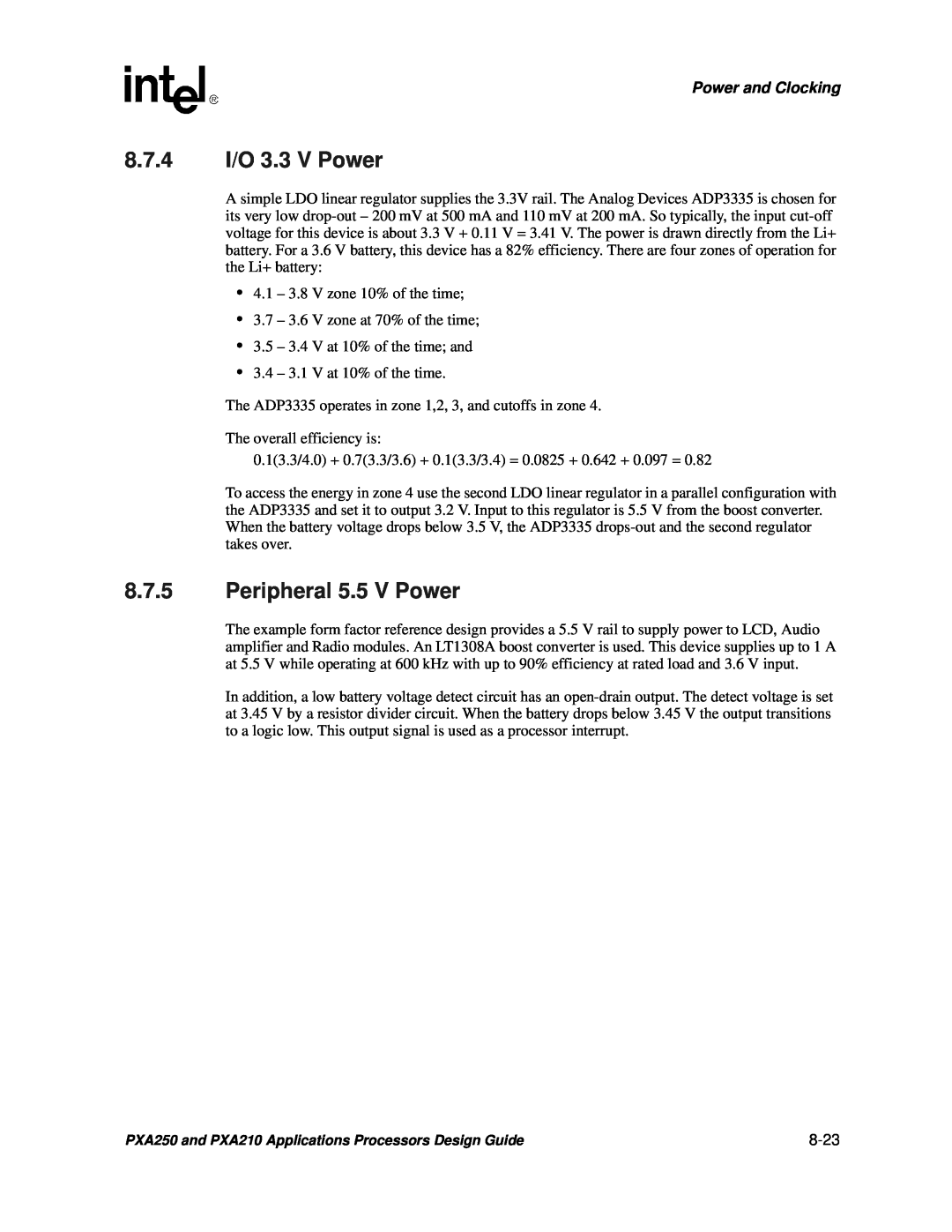 Intel PXA250 and PXA210 manual 8.7.4 I/O 3.3 V Power, Peripheral 5.5 V Power, Power and Clocking, 8-23 
