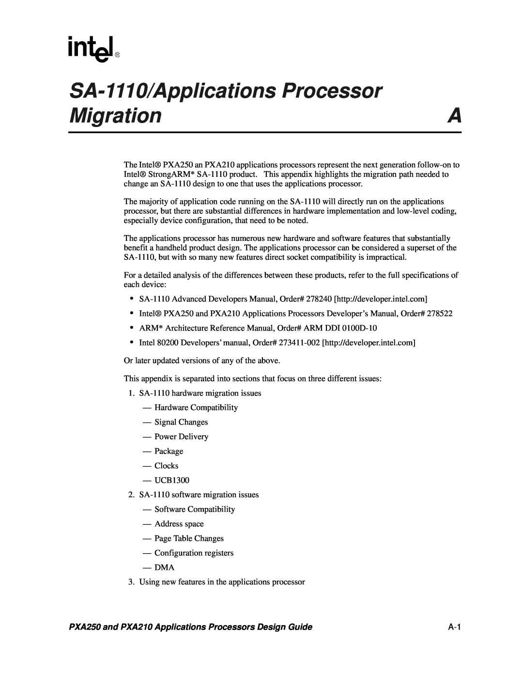 Intel manual SA-1110/Applications Processor, Migration, PXA250 and PXA210 Applications Processors Design Guide 