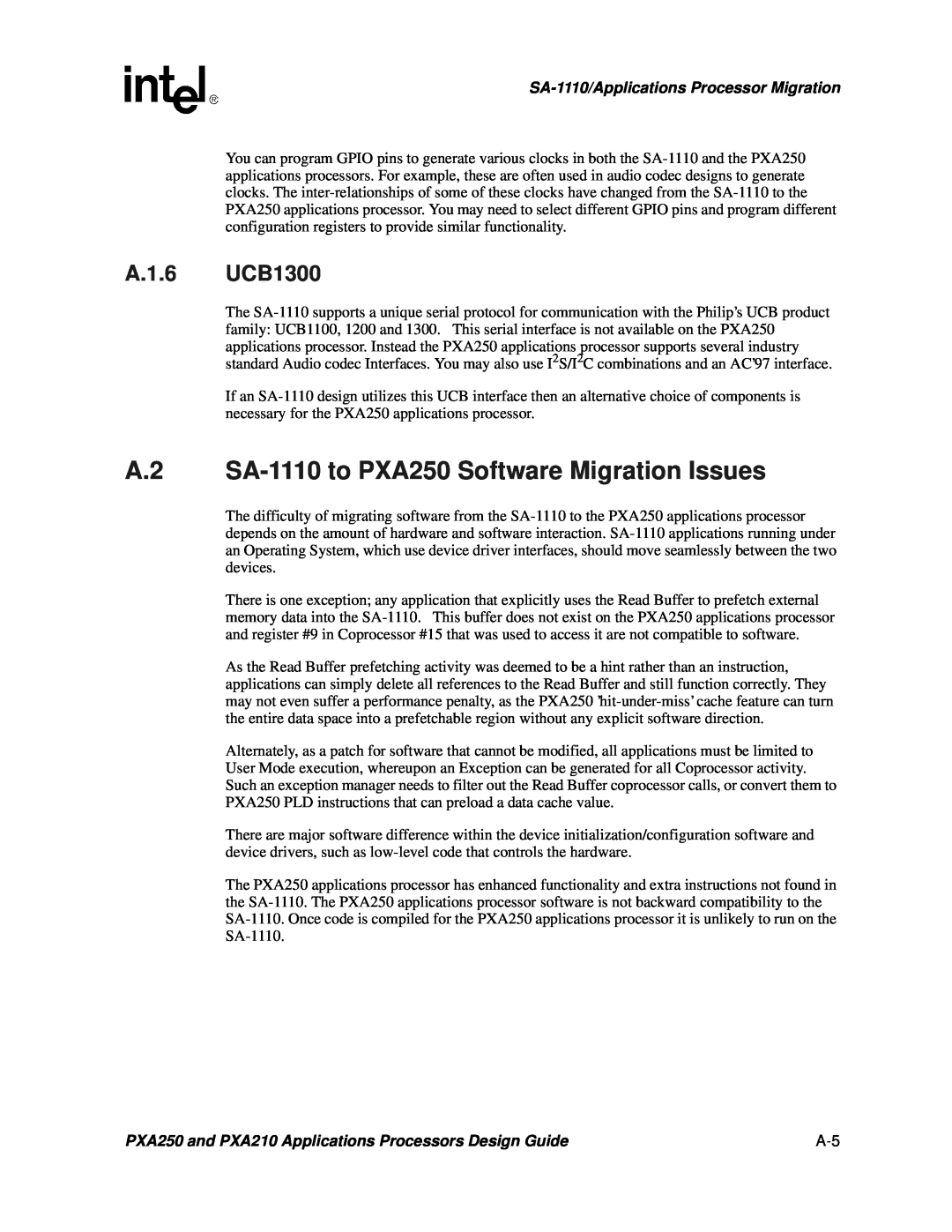 Intel PXA250 and PXA210 manual A.2 SA-1110 to PXA250 Software Migration Issues, A.1.6 UCB1300 