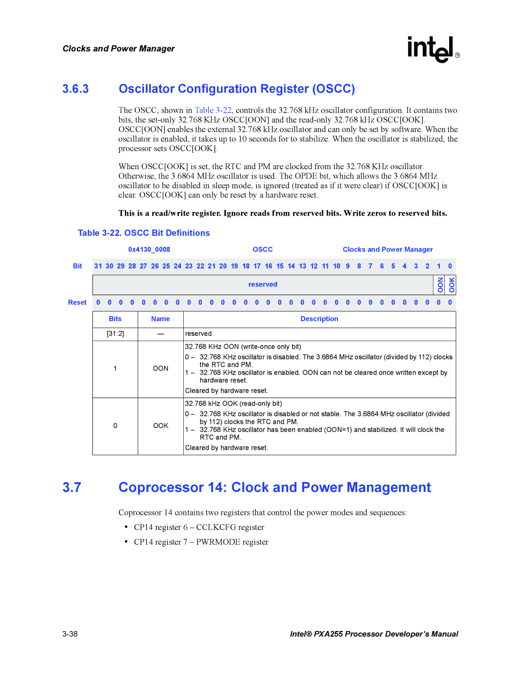 Intel PXA255 manual Coprocessor 14 Clock and Power Management, Oscillator Configuration Register Oscc, Oscc Bit Definitions 