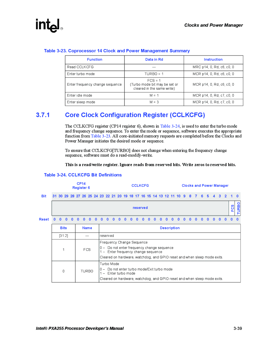 Intel PXA255 manual Core Clock Configuration Register Cclkcfg, Coprocessor 14 Clock and Power Management Summary 