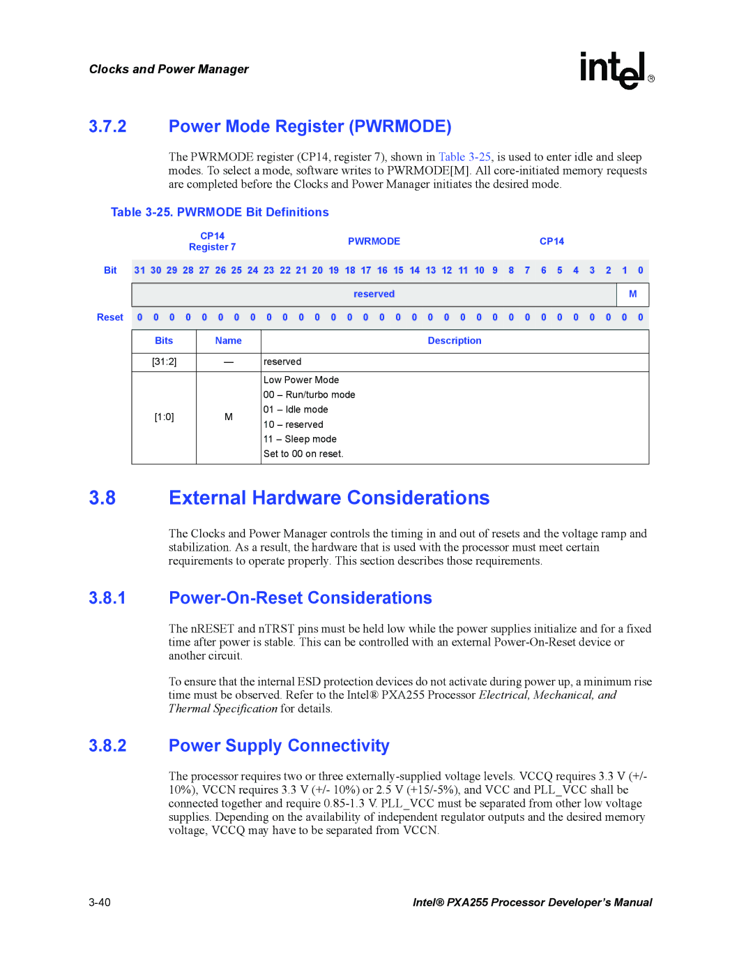 Intel PXA255 manual External Hardware Considerations, Power Mode Register Pwrmode, Power-On-Reset Considerations 