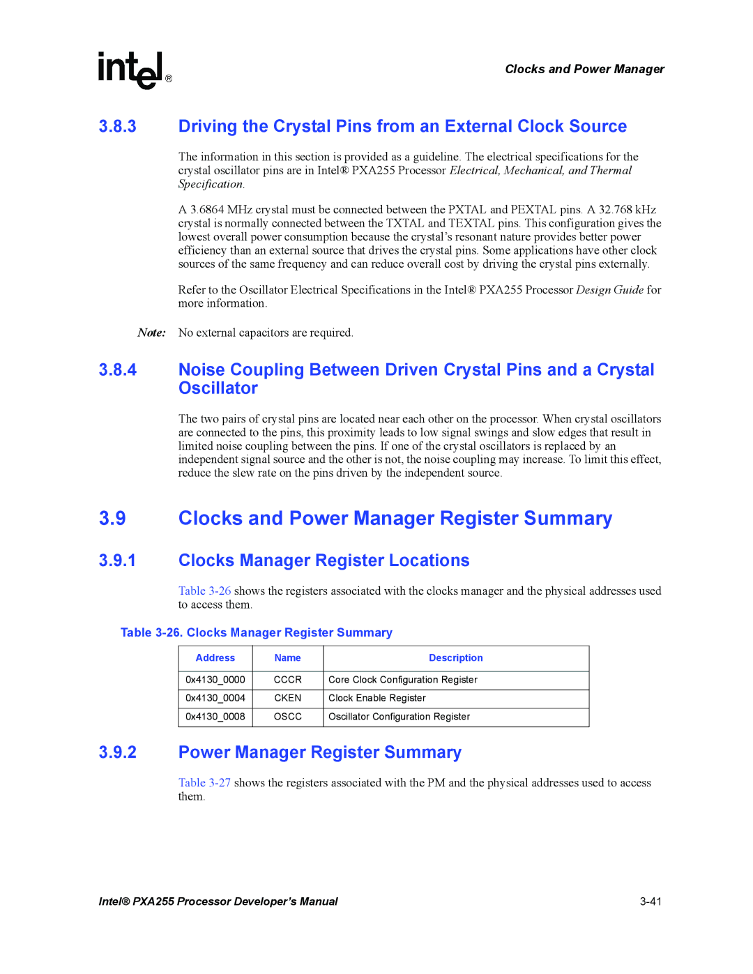 Intel PXA255 manual Clocks and Power Manager Register Summary, Driving the Crystal Pins from an External Clock Source 