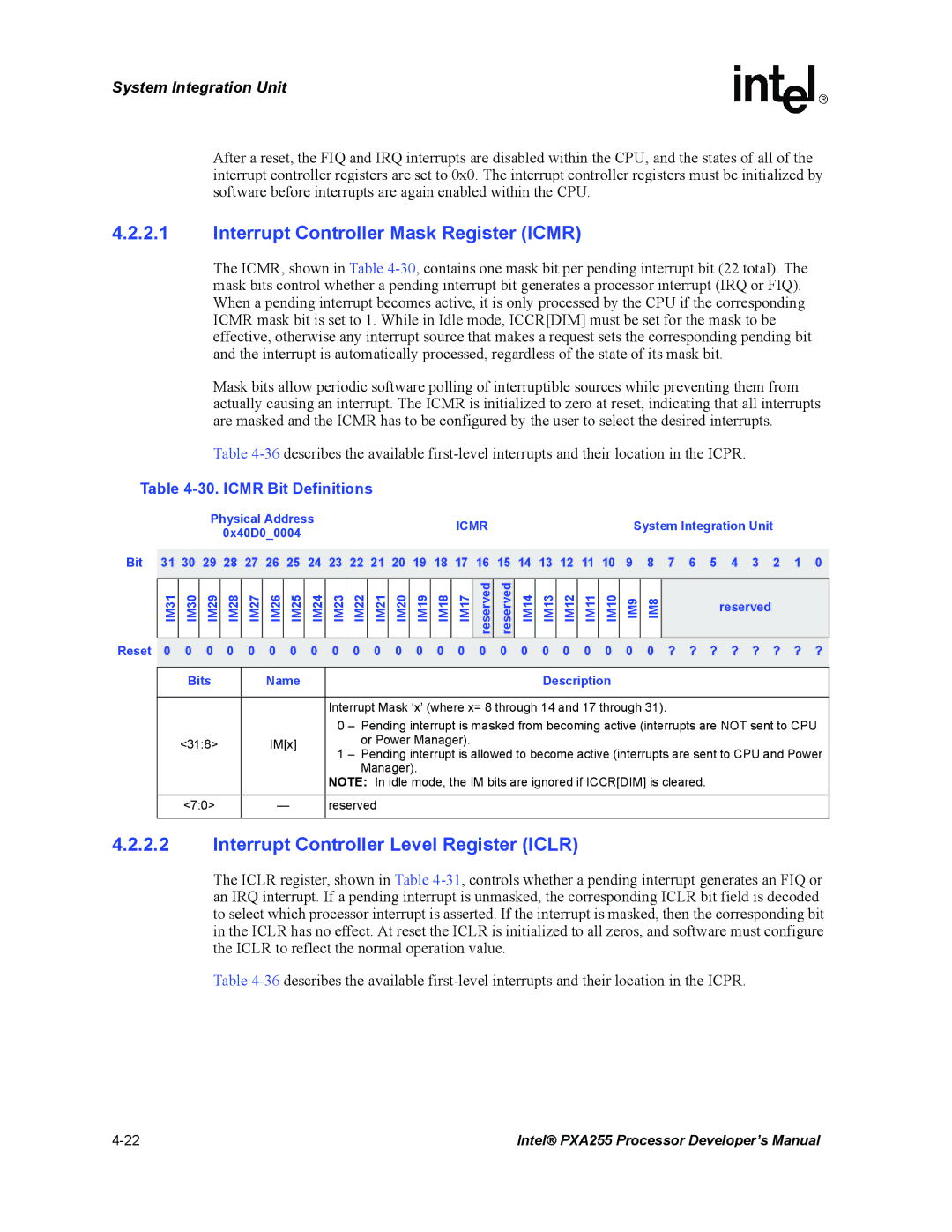 Intel PXA255 manual Interrupt Controller Mask Register Icmr, Interrupt Controller Level Register Iclr, Icmr Bit Definitions 