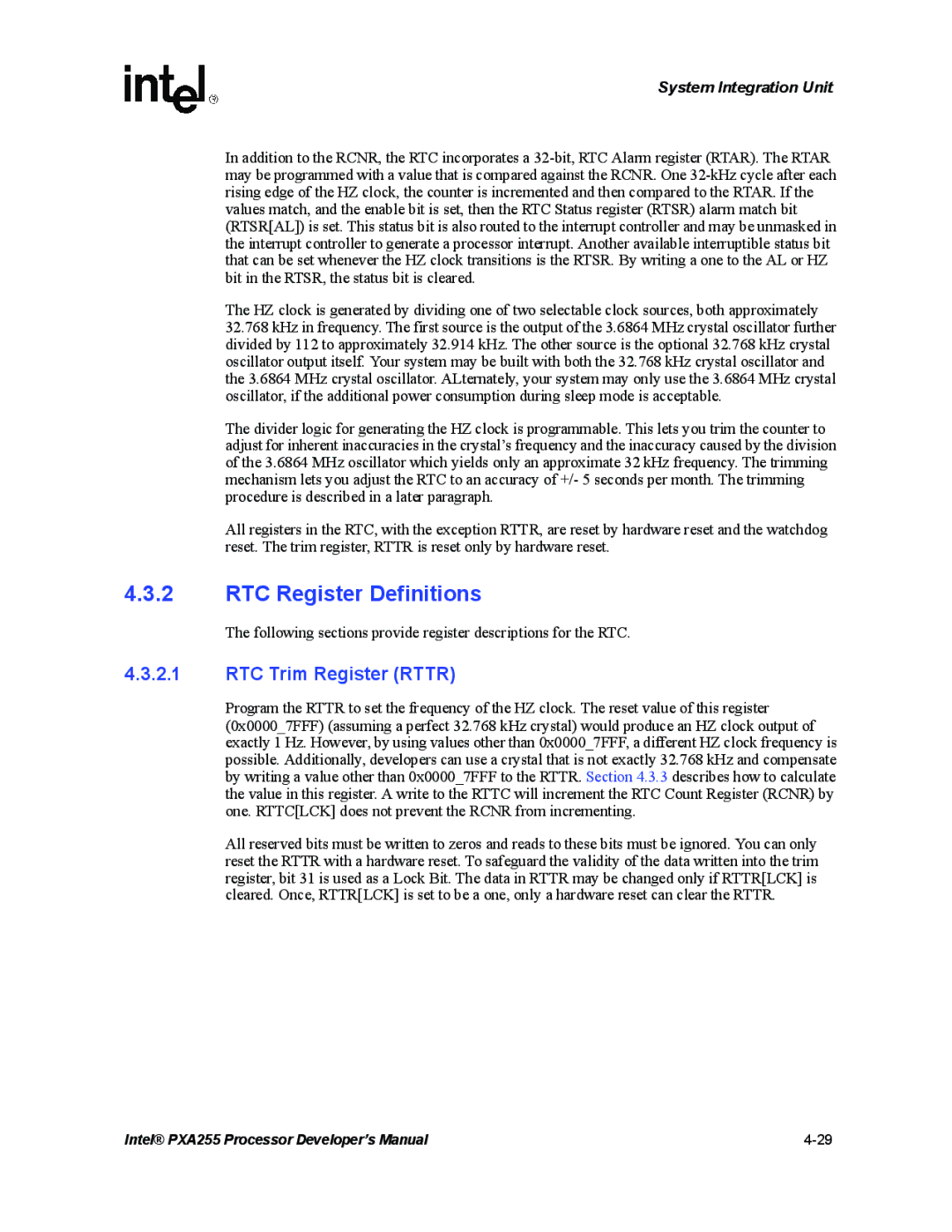 Intel PXA255 manual RTC Register Definitions, RTC Trim Register Rttr 