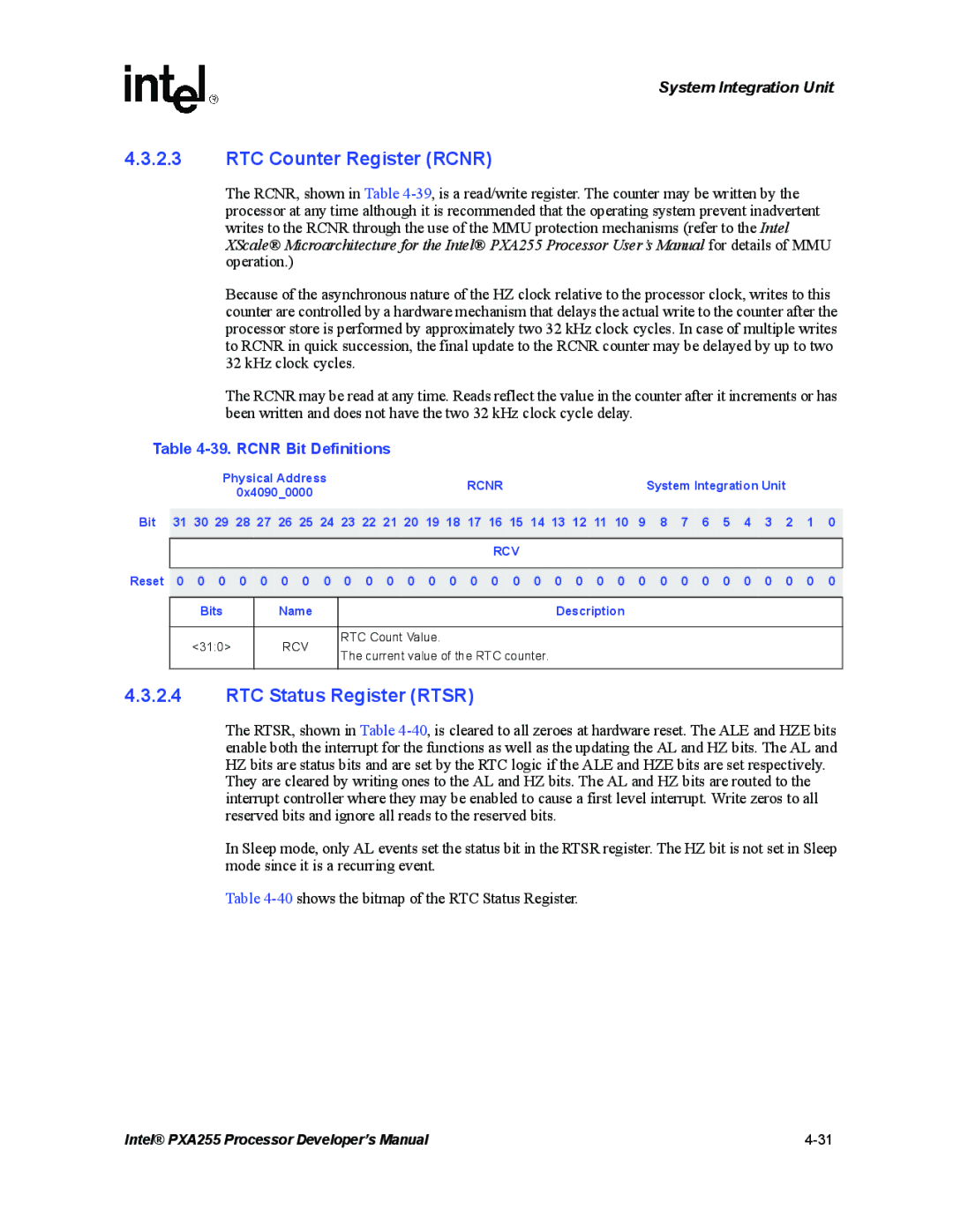 Intel PXA255 manual RTC Counter Register Rcnr, RTC Status Register Rtsr, Rcnr Bit Definitions, Rcv 