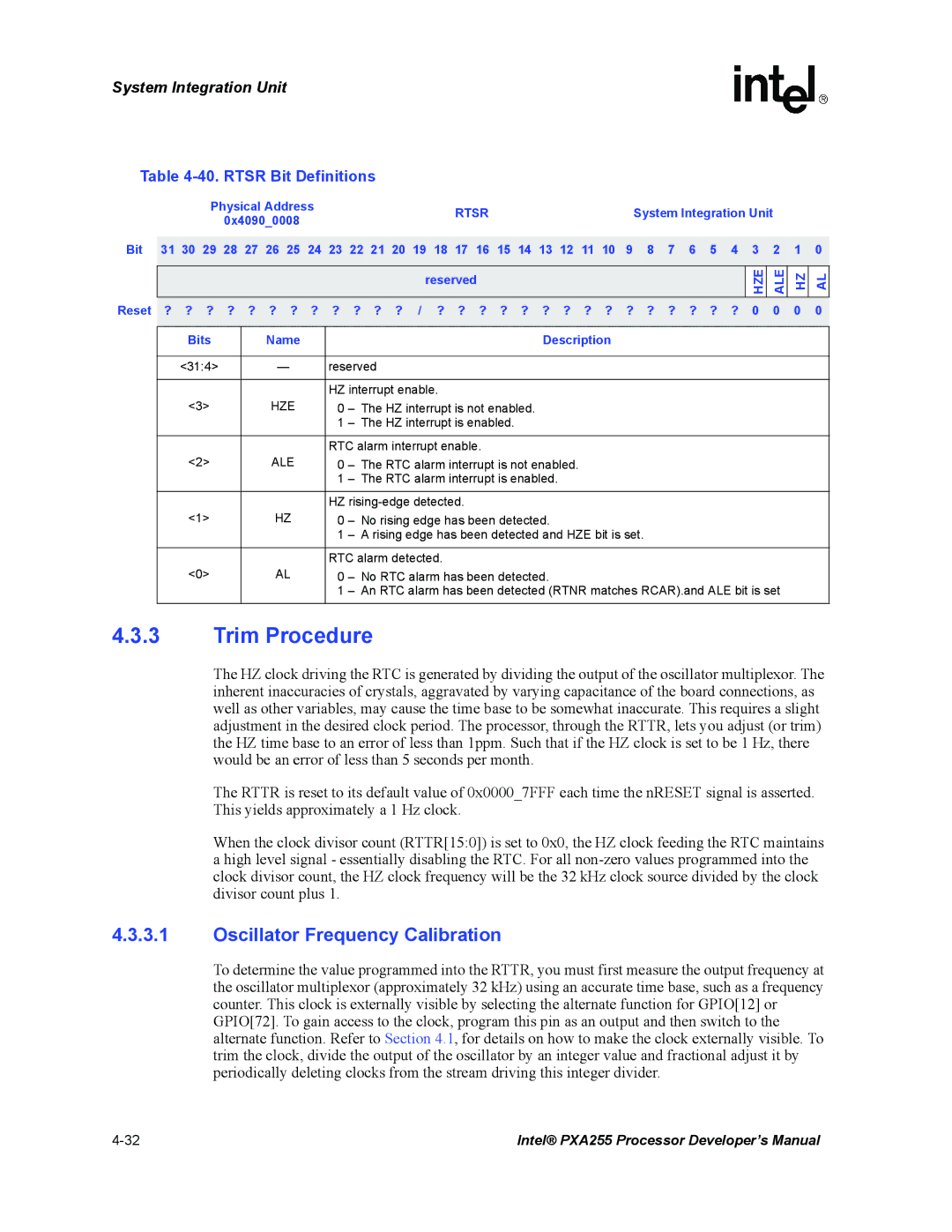 Intel PXA255 manual Trim Procedure, Oscillator Frequency Calibration, Rtsr Bit Definitions 