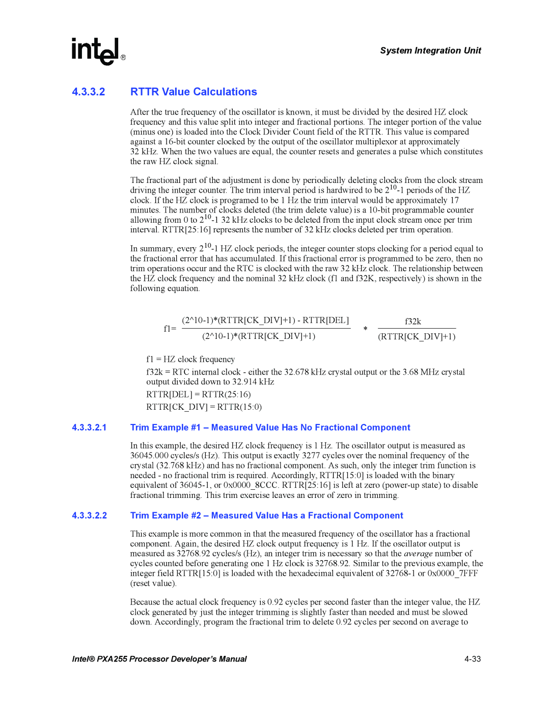 Intel PXA255 manual Rttr Value Calculations, Trim Example #1 Measured Value Has No Fractional Component 