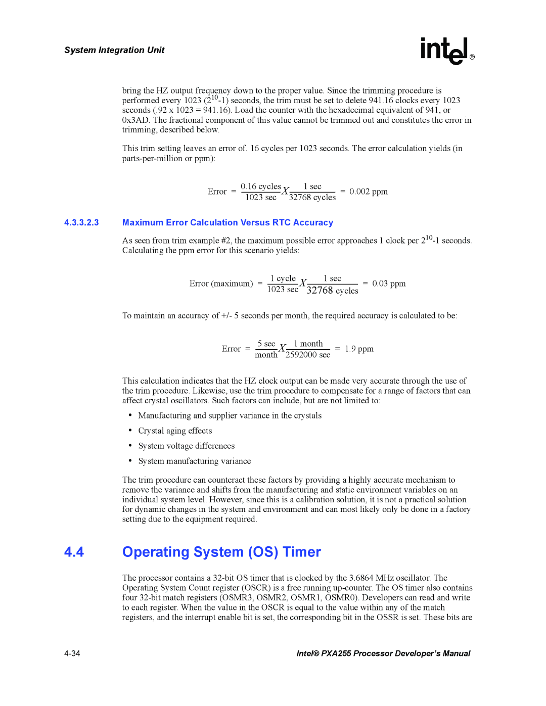 Intel PXA255 manual Operating System OS Timer, Maximum Error Calculation Versus RTC Accuracy 