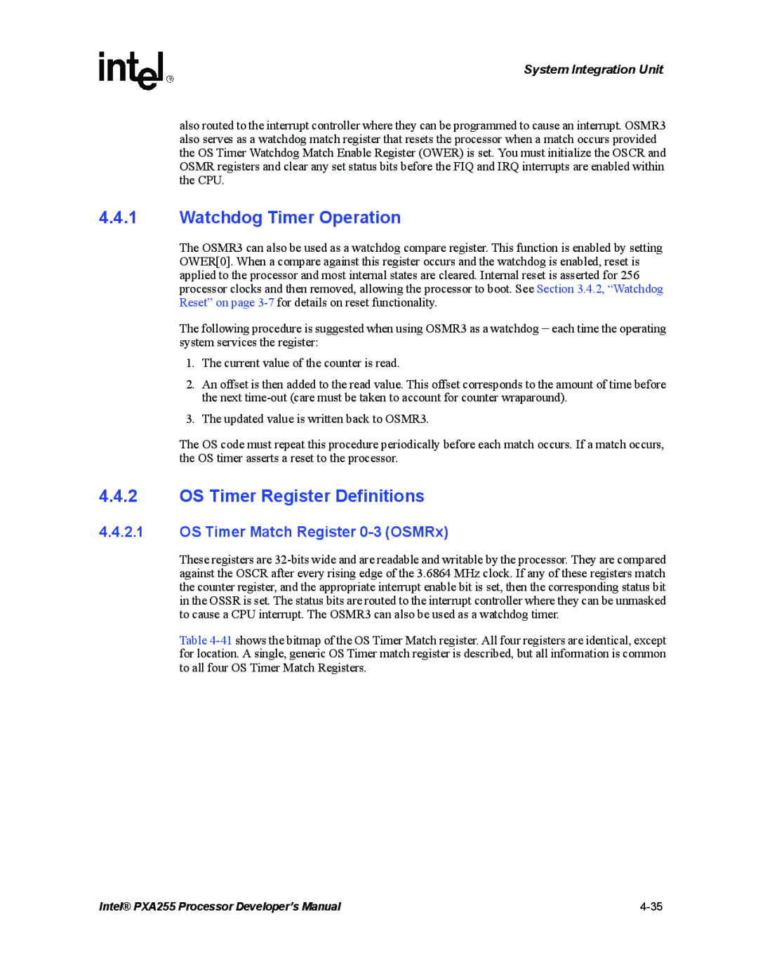 Intel PXA255 manual Watchdog Timer Operation, OS Timer Register Definitions, OS Timer Match Register 0-3 OSMRx 