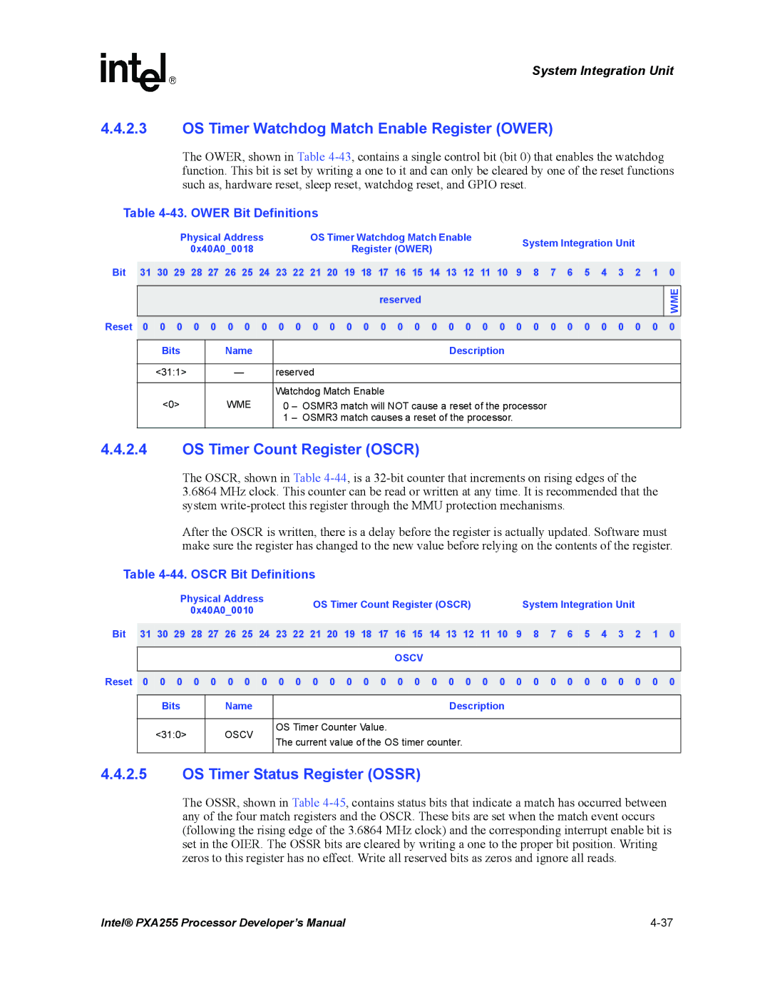 Intel PXA255 OS Timer Watchdog Match Enable Register Ower, OS Timer Count Register Oscr, OS Timer Status Register Ossr 