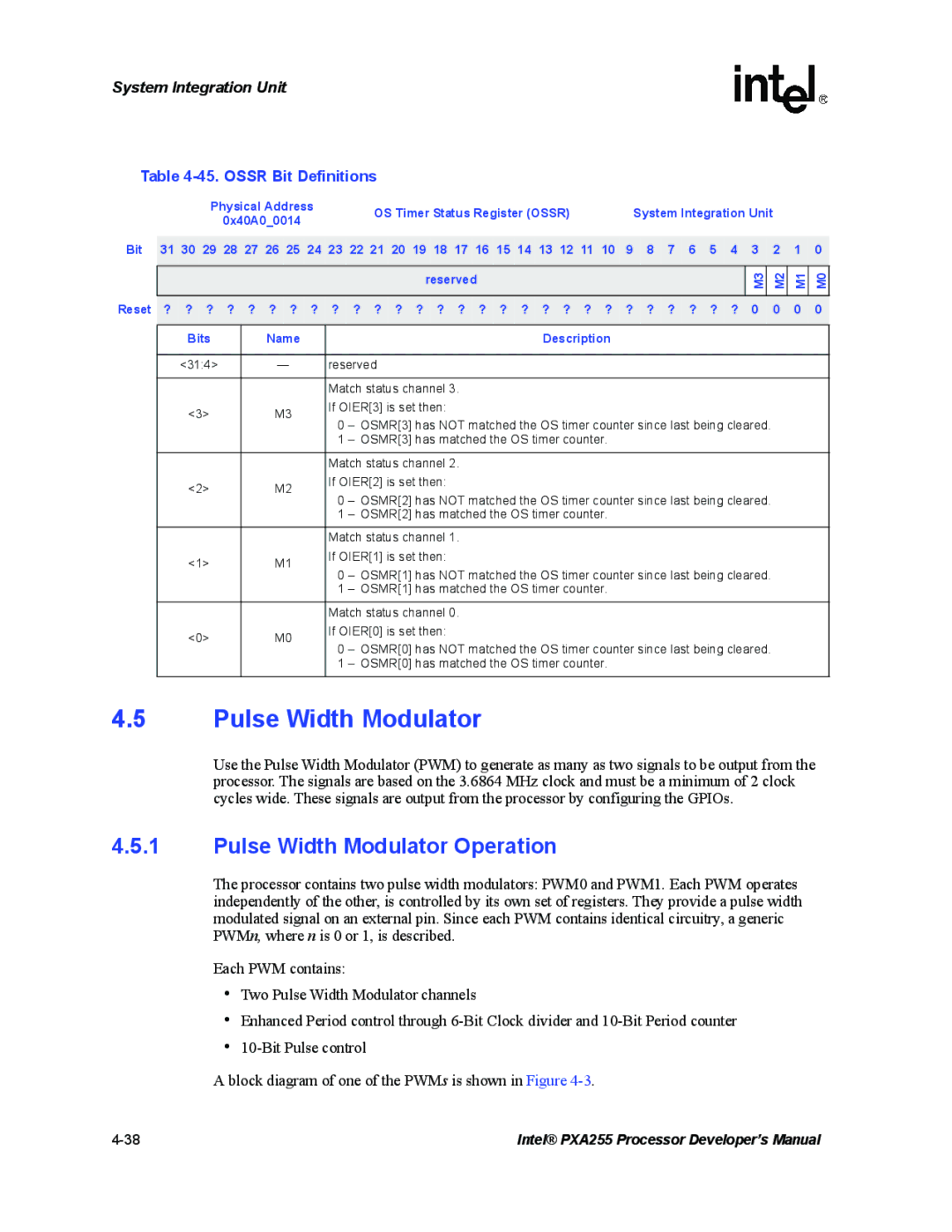 Intel PXA255 manual Pulse Width Modulator Operation, Ossr Bit Definitions, 0x40A00014 Bit Reset ? ? ? ? ? ? ? ? Bits 