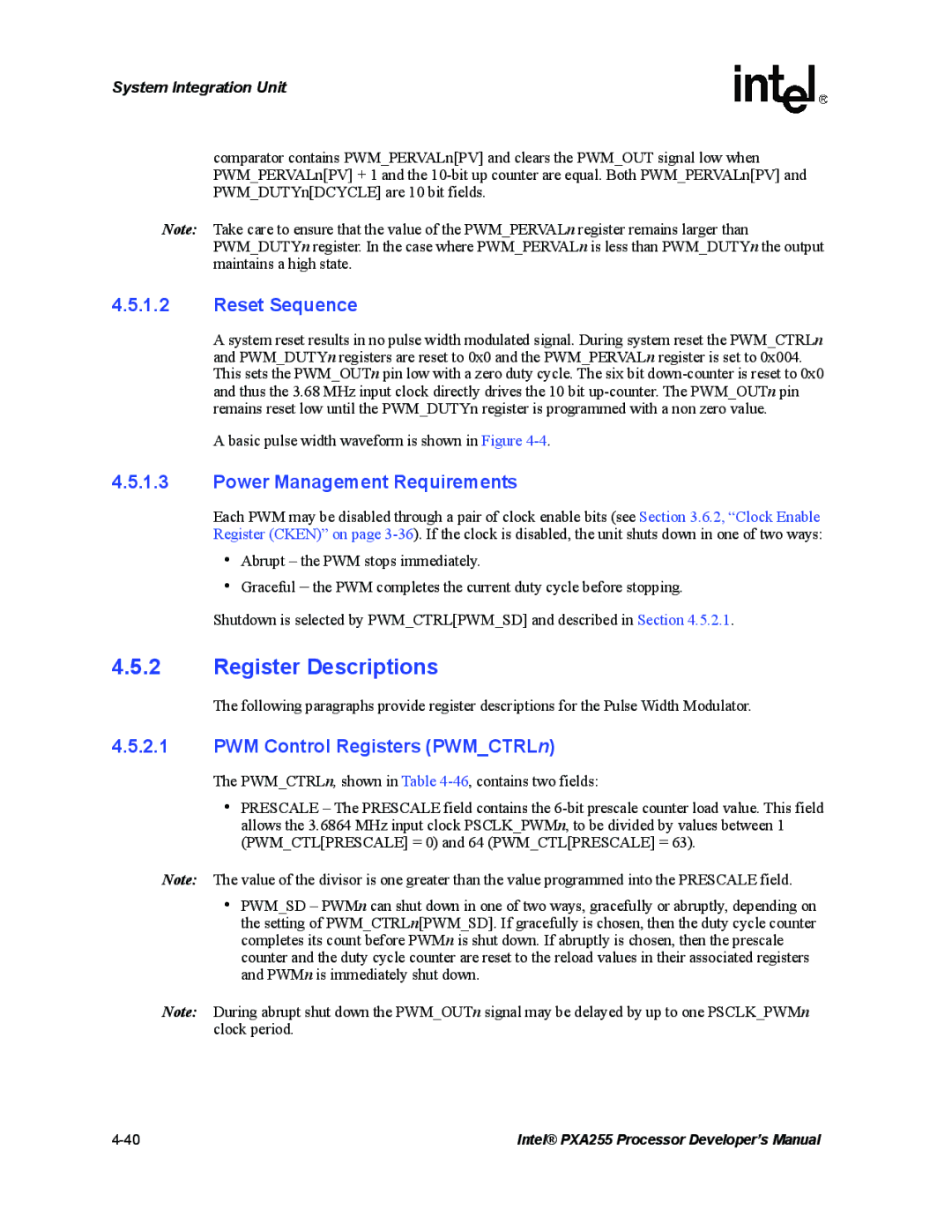 Intel PXA255 manual Register Descriptions, Reset Sequence, Power Management Requirements, PWM Control Registers PWMCTRLn 